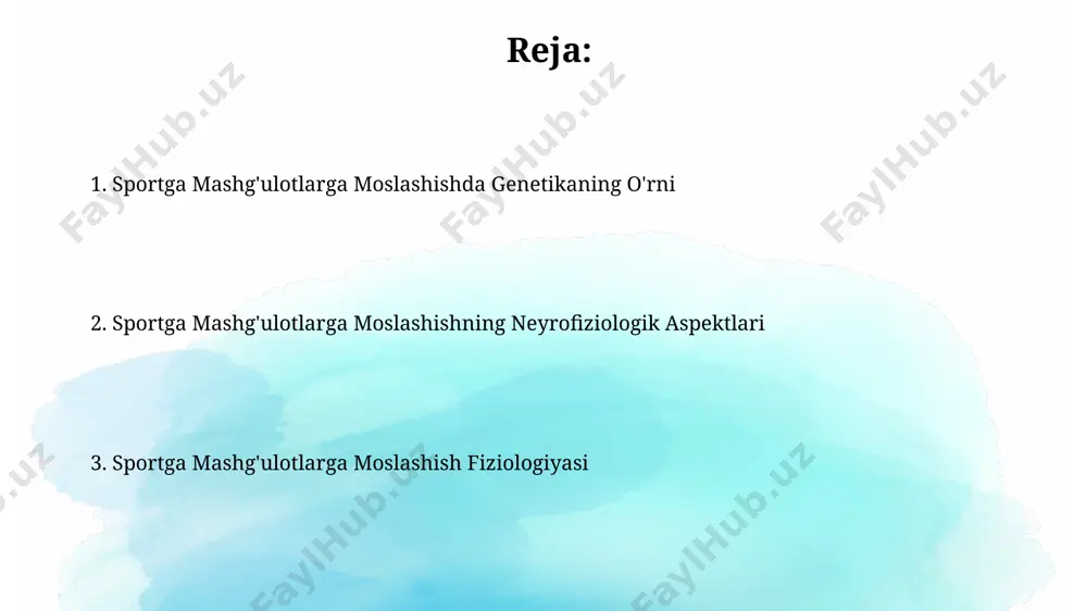 bolizmning oʻzgarishi uzoq muddatli mashgʻulotlar mitoxondriyalar sonini va hajmini 50% gacha oshirib, yogʻ kislotalarini oksidlanishini tezlashtiradi va energiya ta'minoti samaradorligini yaxshilaydi. sport mashgʻulotlariga moslashuv jarayonida mushaklarning atp sintezining maksimal tezligi 2-3 baravar ortadi, bu esa yuqori intensivlikdagi mashqlarga chidamliligini oshiradi. nerv tizimining moslashuvi sport mashgʻulotlari natijasida neyronlar orasidagi sinaptik aloqalar soni 10-15% ga ortadi, bu esa mushaklarning kuchini va chidamliligini oshirishga olib keladi. sport mashgʻulotlariga javoban nerv sistemasining tezligi va samaradorligi 15-20% ga oshadi, bu impulslarni tezroq uzatish va mushaklarning reaksiyasini yaxshilashni o'z ichiga oladi. ortiqcha yuklanish va jarohatlardan himoya mushaklarning mikrotravmalari va jarohatlarining oldini olish uchun yetarli darajada isish (10-15 minut) va sovitish (5-10 minut) mashqlarini bajarish zarur. ortiqcha yuklanish xavfini kamaytirish uchun mashg’ulotlar hajmini asta-sekin, haftasiga 10% dan oshmasligi kerak, shuningdek, dam olish kunlarini va tiklanish davrlarini rejalashtirish muhim. e'tiboringiz uchun rahmat @taqdimot_robot image2.jpg image3.jpg image4.jpg image5.jpg image6.jpg image7.jpg image8.jpg image1.png