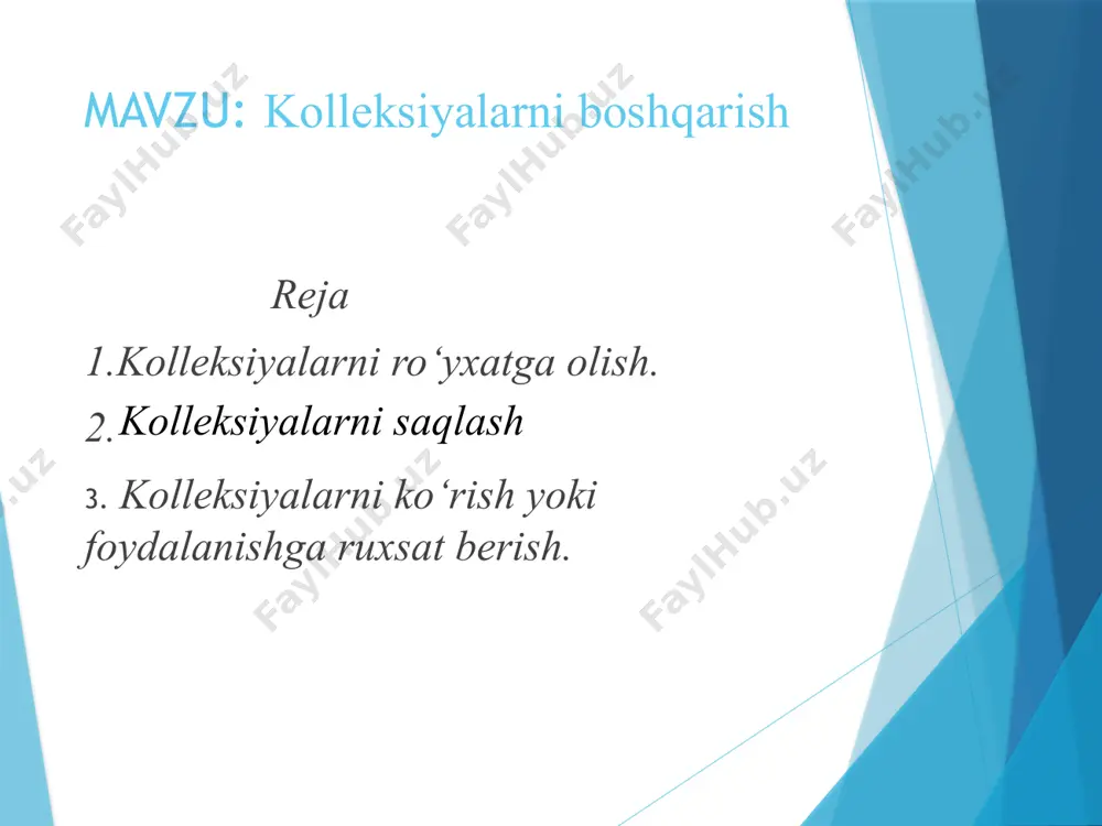 lleksiyalarni boshqarish siyosatida ko‘plab masalalar ko‘rilishi mumkin. lekin umumlashtirilgan masalalar quyidagicha bo‘lishi mumkin: kolleksiyalarni ro‘yxatga olish. insoniyatning bugungi va bo‘lajak avlodi uchun muzeyning ishonchli boshqaruvida bo‘lgan ko‘plab turli eksponat, namuna, san'at asarlari, xujjat va artefaktlar bo‘yicha muassasaning xisobot berishini ta'minlaydi. kolleksiyalarni saqlash. muzey faoliyatining asosini tashkil qiluvchi kolleksiyalarni boshqarishda muhim o‘rin tutadi. kolleksiyalarni ko‘rish yoki foydalanishga ruxsat berish. ko‘rgazma yoki tadqiqotlar orqali muzeyning ma'rifat va sharhlash bo‘yicha vazifalarining bir qismi xisoblanadi. kolleksiyalarni boshqarish siyosati namunaviy muzey uchun quyidagi mazmunga ega bo‘lishi mumkin: kolleksiyalarni tadqiq qilish: tadqiqotlar. muzey kolleksiyalarini tadqiq qilish va olingan natijalarni chop etish muzey o‘z oldiga qo‘ygan bilim berish va talqin etishdagi maqsadlariga ko‘maklashadi. tadqiqotlar yordamida maxsus axborot turli manfaatdor tomonlarga beriladi, ko‘rgazmalarni va ta'lim dasturlarni tashkil etishning rejalashtirish uchun asos bo‘ladi. barcha muzey tadqiqotlari qonuniy, ahloqiy va boshqa me'yorlar asosida o‘tkazilishi kerak. joylarda kolleksiyalarni yig‘ish. dala ishlarini o‘tkazish joylarida kolleksiyalarni yig‘ish bilan muzey qonunga muvofiq tarzda shug‘ullanishi …