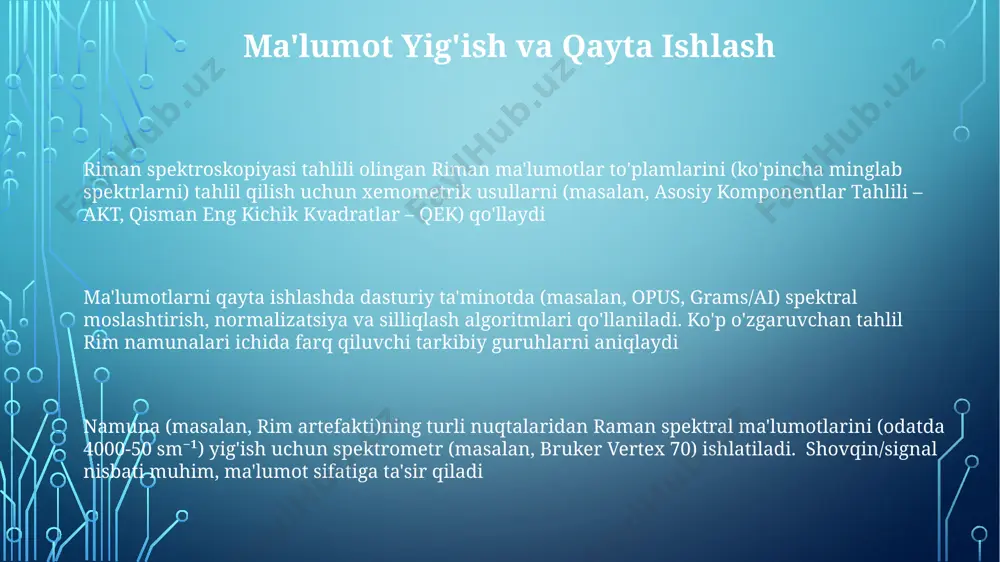 rafen, polimerlar va biologik to'qimalar kabi materiallarning kimyoviy xaritalashini ta'minlaydi raman sochilish mexanizmlari miqdoriy tahlil cho'qqilar maydonini integratsiyalash va kalibrlash egri chiziqlarini o'z ichiga oladi. raman signallariga ta'sir etuvchi omillarga lazer quvvati, namunalar konsentratsiyasi va flyuorestsentsiya fon kiradi. konfokal raman mikroskopiyasi yordamida fazoviy aniqlikka erishish mumkin raman tarqalishi mexanizmlari fotonlarning molekulyar tebranishlar (fononlar) orqali egiluvchan tarqalishini, stokes (past energiya) va anti-stokes (yuqori energiya) siljishlarini o'z ichiga oladi; lazerlar (masalan, 532 nm, 785 nm) va spektrometrlar yordamida raman spektroskopiyasi orqali tahlil qilinadi raman spektroskopiyasi tahlili monoxromatik nur manbasidan foydalanadi; sochilgan nur tushuvchi nurga 90° burchak ostida yig'iladi. spektral tahlil molekulyar tuzilishi va tarkibi haqida ma'lumot beradi. qo'llanilishi: material xarakteristikasi (masalan, grafen, polimerlar), kimyoviy aniqlash va biologik tadqiqotlar (masalan, oqsil ikkilamchi tuzilishi) miqdoriy raman spektroskopiyasi raman spektroskopiyasi tahlili, stokes va anti-stokes sochilishlardan foydalanib, molekulyar tebranishlarni aniqlaydi va "barmoq izi" spektrlarini beradi. cho'qqilarning holati (sm⁻¹) funktsional guruhlarni, nisbiy intensivligi esa molekulalarning konsentratsiyasini aks …