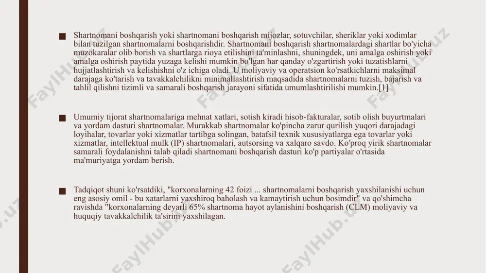tovar deb nomlanuvchi sotuvchi korxonaning nomi va shakli tomonidan mahsulot ishlab chiqarilgan joy va sanada ishlab chiqarilgan, qoplar soni mahsulot nomi qopda, har bir qopi qop sigʻimi, xajmi kilogramm ogʻirlikda boʻlgan mahsulot nomi ikkala taraf oʻrtasida tuzilayotgan shartnomaning predmeti hisoblanadi. shartnoma shartnoma muddati yil muddatga tuzilgan. 1.2. mahsulotning yaroqlilik muddati mahsulotning yaroqlik muddati oy. yaroqlilik muddati tovar ishlab chiqarilgan kundan boshlab oʻta boshlaydi. 1.3. bir kilogramm mahsulot nomining narxi mahsulotning 1 kg. narhi soʻm. umumiy narx mahsulotning umumiy qiymati soʻm. bir martalik tovarni yetkazib berish xarajatlari mahsulotni bir marta yetkazib berish harajati (narxi) soʻm. umumiy narx yetkazib berishning umumiy xarajati soʻm. tovar haqi shartnoma boʻyicha har bir yetkazilgan tovar va xarajatlar summasi miqdorida toʻlanadi. tovar yetkazib berilganligi mahsulotni yetkazib berilganligi toʻgʻrisida tasdiqlovchi hujjat bilan tasdiqlanadi. 1.4. shartnoma ikki nusxada tuzilgan boʻlib, ularning har biri bir xil kuchga ega. tovarlarni yetkazib berish tartibi 2.1. shartnoma boʻyicha tovarlarni yetkazib berish tovarlarni sotib …
