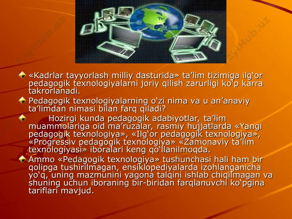 bo‘lib, bola yetaklamoq ma’nosini anglatadi.. bundan shunday xulosa kelib chiqadi: ta’lim jarayonini bir tizim deb qaraydigan bo‘lsak uni tashkil etuvchilari ya’ni elementlariga quyidagilar kiradi: ta’lim maqsadi, o‘quv maqsadlari (kutilayotgan natijalar), ta’lim beruvchi, tahsil oluvchi, ta’lim mazmuni, ta’lim metodi, ta’lim shakli, ta’lim vositalari, nazorat va baholash. ta’lim jarayonini loyihalashtirishda yuqorida sanab o‘tilgan elementlardan birortasi e’tibordan chetda qolsa, yoki noto‘g‘ri tanlangan bo‘lsa tizim ishlamaydi, demakki, ta’lim jarayoni oldiga qo‘yilgan maqsadga erishilmaydi. mamlakatimizda prеzidеntimiz islom karimov rahnamoligida axborot va kommunikatsiya tеxnologiyalarini yanada rivojlantirishga qaratilgan mustahkam qonunchilik bazasi yaratildi. mazkur sohada qabul qilingan «axborotlashtirish to‘g‘risida»gi qonun iqtisodiyotimizning boshqa tarmoqlari qatori ta’lim jarayonlariga ham zamonaviy axborot kommunikatsiya tеxnologiyalarini kеng joriy etgan