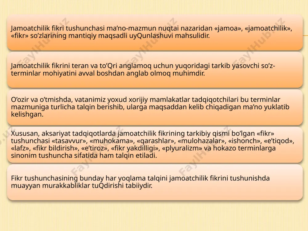 yiii asrlarda angliya ijtimoiy hayotida mazkur muammo birmuncha tor tushunilib asosan siyosiy fikrlar jamoatchilik fikri sifatida talqin etilib, mamlakat parlamentida qabul qilingan qarorlarga nisbatan xalqning qarshi yoki tarafdor kayfiyati jamoatchilik fikri sifatida talqin etib kelindi. xyiii asr so’ngiga kelib, angliyada shaxs erkinligi va ozodligi amalda ta’minlanganligi, har bir shaxsga o’z mulohaza va nuqtai nazarlarini oshkora izhor eta olish huquqlarining rasman berilganligi va qonun yo’lida mustahkamlanishi bilan jamoatchilik fikri tushunchasi keng ommalasha boshladi. jamoatchilik fikrining ommalashuvi jamiyatda uning rasmiylashuvi, tashkiliy shakllanishi jarayonlarini ham tezlashtirib yubordi. ijtimoiy hayot tarkibida turli xil siyosiy oqimlar, partiyalar, uyushma va jamiyatlar faol amaliy-nazariy sa’y-harakatlarini boshlab yubordilar. turli xil tashkilot va birlashmalarga uyushgan kishilar tabiat va jamiyat xususidagi tasavvur va rejalarini yanada kengroq yoyish maqsadlarida ommaviy axborot vositalari taraqqiyotiga ham kuchli turtki berdilar. bu esa jamoatchilik fikri yuzasidan boy empirik materiallarning to’planishi va natijada uni nazariy tadqiq etish jarayoni dolzarb masala sifatida kun tartibiga qo’ya boshladi. bu …