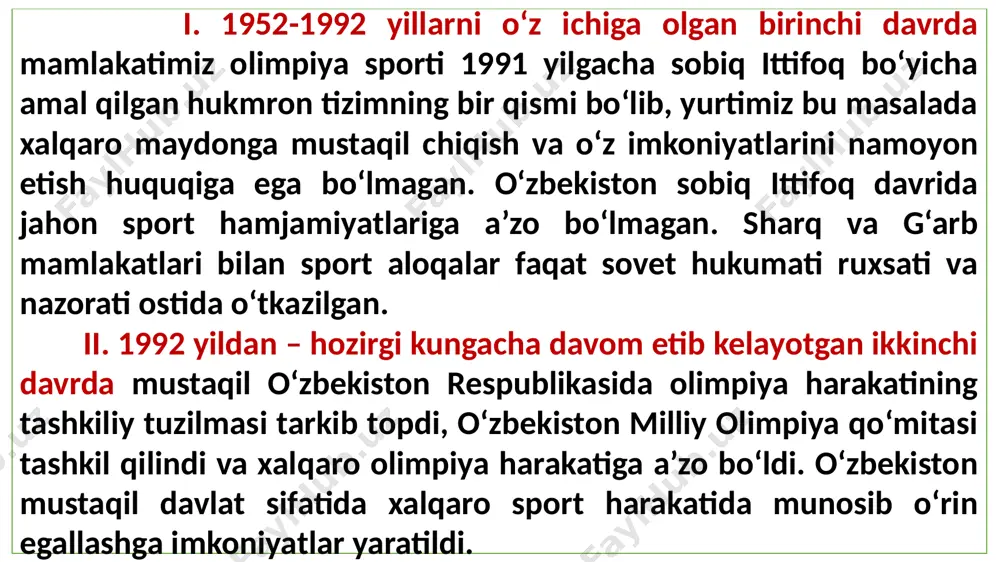 onidan tan olindi. xoq xartiyasi asosida va jahon sport harakatining ilg‘or tajribalariga tayangan holda moq nizomi ishlab chiqildi va qabul qilindi. o‘zbekistonda olimpiya harakatining rivojlanish xususiyatlari i – bosqich 1952–1992 yy. 1. o‘zbekiston sportchilari olimpiya o‘yinlarida sobiq ittifoq terma jamoasi tarkibida ishtirok etgan. 2. o‘zbekiston sportchilarining sobiq ittifoq terma jamoasi tarkibidagi soni bir nechta nafar ishtirokchilar bilan chegaralangan. 3. sobiq ittifoq markaziy organlari tomonidan tanlab olingan sportchilarsobiq ittifoq terma jamoasi tarkibiga kiritilgan. 4. o‘zbekiston sportchilarining olimpiya o‘yinlaridagi g‘alabasi sharafiga sobiq ittifoqi madhiyasi chalingan va qizil bayrog‘i ko‘tarilgan. 5. o‘zbekistonda sobiq ittifoq davrida olimpiya g‘oyalarini targ‘ibot qilish ishlari yo‘lga qo‘yilmagan. o‘zbekistonda olimpiya harakatining rivojlanish xususiyatlari ii- bosqich. 1992 – hozirgi davrgacha 1. mustaqil o‘zbekistonda olimpiya harakatining tashkiliy tuzilmalari shakllandi: moq, o‘zoa .h.k. 2. o‘zbekiston respublikasi terma jamoasining olimpiya o‘yinlarida ishtiroki xalqaro olimpiya harakatining qoidalari asosida shakllandi. 3. o‘zbekiston respublikasi sportchilari olimpiya o‘yinlari va xalqaro sport musobaqalarida mustaqil jamoa sifatida qatnashish huquqiga …