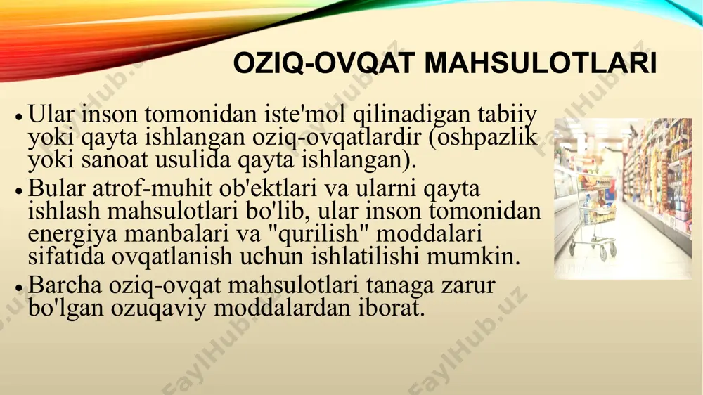 rda ular o'rtacha 10% ga past), yoshdan (keksa odamlarda ular har o'n yilda o'rtacha 7% ga past), - jismoniy faoliyat, - kasblar. masalan, aqliy mehnat bilan shug'ullanadigan shaxslar uchun energiya sarfi 2000 - 2600 kkal, sportchilar yoki og'ir jismoniy mehnat bilan shug'ullanadigan shaxslar uchun kuniga 4000 - 5000 kkalgacha. oziq-ovqatning energiya yetarliligini nima aniqlaydi? jinsi, yoshi, kasbiy faoliyat turi. jismoniy faoliyatda energiya sarfi (mushak faoliyati). tungi uyqu - 50 ккал в час, yengil o’tirgan holatdagi ish- 100-110 ккал/ч, tik turgan holatdagi ish - 160-180 ккал/ч, yengil yurish - 190-200 ккал/ч, yugurish - 360-420 ккал/ч. sog'lom katta insonlarning kunlik energiya talabi o'rtacha 1800-4300 ккал. kaloriya tarkibi bu ma'lum bir mahsulotni yutish natijasida inson tomonidan chiqarilgan issiqlik energiyasining miqdori. biror kishi uchun zarur bo'lgan kaloriya miqdori bajarilgan ishlarga, jismoniy faoliyatga, jinsga, yoshga, geografik kenglikka (sovuq yoki issiq iqlim) bog'liq. 1 g oqsil 4 kkal beradi 1 g uglevodlar 4 kkal beradi, 1 …