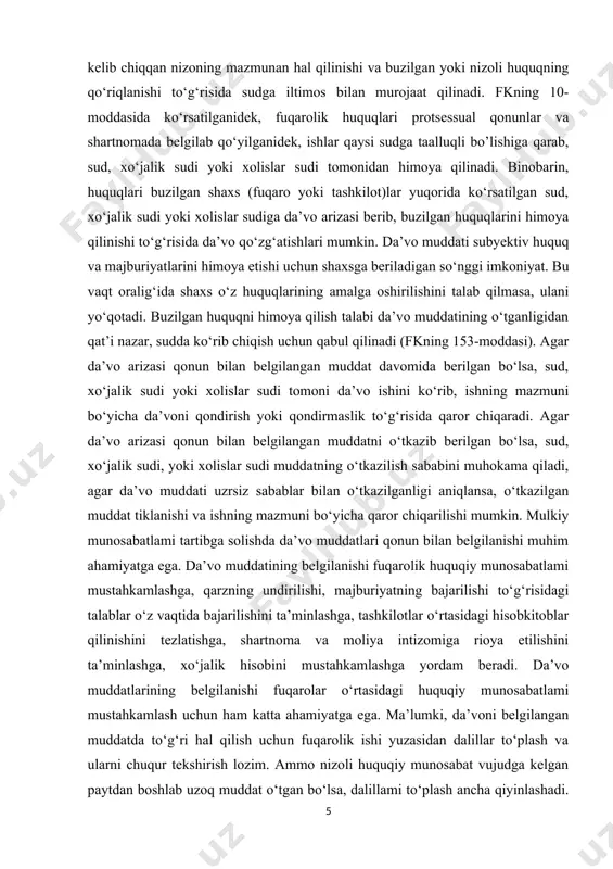 shilgan holda shuni ta’kidlash joizki, aynan da’vo muddatining o‘tishi yoki uning mavjudligi fuqarolik huquq va majburiyatlarini vujudga keltirish, o‘zgartirish va bekor bo‘lishiga olib keladi. «da’vo muddati» iborasidagi «muddat» atamasi fuqarolik-huquqiy munosabatga nisbatan shunday ma’noni anglatadiki, bunda qaysidir munosabat, holat, voqea sodir bo‘lgan vaqt fuqarolik huquq va majburiyatlarida o‘z ifodasini topishi lozim hisoblanadi. 0 ‘zining fuqarolik huquqlarini buzilgan deb hisoblagan fuqaro yoki yuridik shaxslar ushbu huquqlami himoya qilish maqsadida sudlarga murojaat qiladilar. huquqshunos olim o.s. ioffening fikricha, sudlarga da’vo bilan murojaat qilish uchun quyidagi holatlar mavjud bo‘lishi lozim: • da’vo qo‘zg‘atayotgan shaxs yoki nomidan da’vo qo‘zg‘atilayotgan shaxs protsessual huquq layoqatiga ega bo‘lishi, ya’ni prosessda mustaqil taraf sifatida ishtirok eta olishi lozim; • da’vo qo‘zg‘atish orqali boshlanadigan ish sudlarga taalluqli bo‘lishi talab etiladi; • da’vo qaratilayotgan shaxs fuqarolik huquqining subyekti bo‘lishi va da’vogar kabi protsessual huquq layoqatiga ega bo‘lishi lozim. ushbu holatlaming barchasi mavjud bo‘lganda sudlarga buzilgan huquqlarni tiklash va himoya qilish …