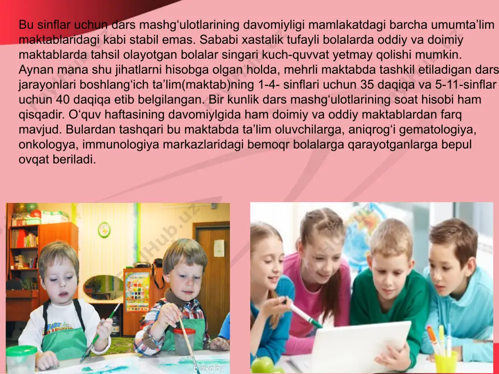 lim tizimini boshqarish asosan yer hokimiyatlari mas’uliyati ostidadir, va shu sababli hududlar bo’yicha muhit o’zaro farq qilishi mumkin. niderlandiyaning 28 ta umumta’lim boshlang’ich maktablarining tarkibida nuqsonli bolalar ham o’qitiladi. ta’limiy maslahat markazlarida maxsus ehtiyojli bolalarni umuta’lim sharoitida ukitish va tarbiyalash yo’llari, xususiyatlari hamda bu bolalar haqida iilish va ma’lumotlar berish borasida bo’lim faoliyat yuritgan. bu no’limlarda o’kuv materiallari va dasturlarini yangilash, imgegrasion ta’limning yagona g’oyasini ishlab chiqish, bu ta’lim jzimidagi muammolarni yo’llarini izlab topish borasida ish yuritilgan. gresiya.maxsus pedagog oddiy sinfda yordamchi rol o’ynaydi, undan maktab xodimlarini o’quvchida maxsus ta’limga muhtoj mavjudligi to’g’risida xabardor qilish talab etiladi. maxsus pedagog ishi o’quvchiga bevosita yordam berish va sinf o’qituvchisiga maslahat berishdan iborat. keyingisiga, xususan, o’quv materialini tanlab olish va o’quv rejasini differensiyalashda yordam ko’rsatiladi daniya umumta’lim maktablarida maxsus ta’limga muhtoj bolalarning ehtiyojlarini qondirish uchun mas’uliyat o’qituvchiga yuklatilgan. bu ehtiyojlarni psixolog-pedagogik xizmat belgilaydi; keyinchalik u o’quvchining rivojlanishi orqasidan kuztdi, uni o’qitish dasturiga tuzatishlar …