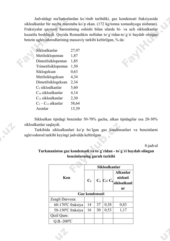 mahsulotdir. siklogeksan uglevodorodlar tutab turgan h2so4 ishtirokida qizdirilsa, qisman aromatik uglevodorodgacha degidrirlanadilar. natijada aromatik sulfokislotalar hosil bo`ladi. 1. c6h12 + 6h2so4 ( c6h6 + 12h2o + 6so2 2. c6h6 + hosо3н ( c6h5so3h + h2o keyingi reaksiyada suvning qanday hosil bo`lishi sxematik ravishda ko`rsatilgan. perbromlash perbromlash reaksiyasini gustavson - konovalovlar ochgan bo`lib, ushbu reaksiya albr3 ishtirokida olib boriladi va sikloalkanlarni aniqlashda klassik usul hisoblanadi. bunda sikloalkanlarning murakkab gibrid tarkiblari ham aniqlanadi. o`rganilayotgan fraksiya sulfurlash yo`li bilan avval alken va arenlardan tozalanadi. so`ngra sikloalkanlar va alkanlar aralashmasiga brom bilan ishlov beriladi. ch3c6h11 + 8br2 ( ch3c6br5 + 11hbr metilsiklogeksan perbromtoluol hamma vodorod atomlari br ga almashadi va aromatik birikmalarning bromli hosilalari hosil bo`ladi. o`rin almashinish sikloalkanlar c5 - sikloalkandan boshlab, nisbatan olganda kuchlanishdan voqifdirlar, shuning uchun ulardagi c - c bog`lari kam reaksion qobiliyatga egadir. ushbu birikmalar o`z xossalari bo`yicha alkanlarga o`xshaydi. biroq o`rin olish reaksiyalari mumkin: siklopentanni xlorlaganda reaksiya oddiyroq …