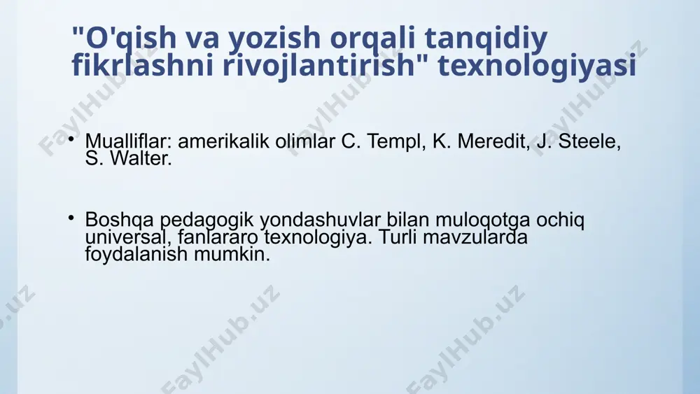 . e - samarali ( samarali uchun). r - o'qish . t - fikrlash ( va aks ettirish). v " belgi " (bilaman!) + ortiqcha belgisi (men uchun yangi!) - minus belgisi (men rozi emasman! men boshqacha fikrdaman) ? " savol belgisi " (men tushunmadim!) "asosiy shartlar" variant 1: matndagi “asosiy atamalarni” yozing. variant 2: "asosiy atamalar" texnikasini o'zgartirish. qo'shimcha nuqta - doskadagi kalit so'zlarni maxsus "aralash" mantiqiy ketma-ketlikda joylashtirish. matn bilan tanishib bo‘lgach, “fikrlash” bosqichida o‘quvchilardan buzilgan ketma-ketlikni tiklash taklif qilinadi. "klaster" " cluster " qabulxonasi matn fragmentingiz uchun klaster yarating "tanqidiy fikrlash" klasterining varianti tanqidiy fikrlash maqsad fikrlash qobiliyatlarini rivojlantirish texnikalar kiritish klaster sinquain fikr yaratish… darsning bosqichlari qo'ng'iroq qiling tushunish aks ettirish vazifa vazifa vazifa xulosa xulosa xulosa o'qishni to'xtatish va bloom savollari savollardan tanqidiy fikrlashni rivojlantirishni rag'batlantiradigan savollar turlari: oddiy savollar - bu ba'zi faktlarni nomlashni, ma'lum ma'lumotlarni eslab qolishni va takrorlashni talab qiladigan savollar. aniqlik …
