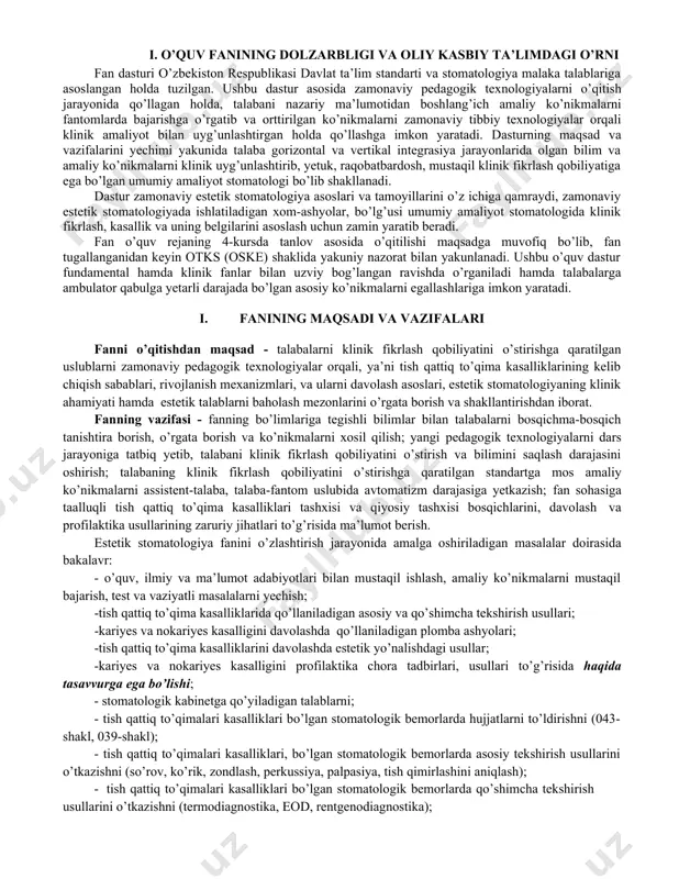 asalliklari tashxisi va qiyosiy tashxisi bosqichlarini, davolash va profilaktika usullarining zaruriy jihatlari to’g’risida ma’lumot berish. estetik stomatologiya fanini o’zlashtirish jarayonida amalga oshiriladigan masalalar doirasida bakalavr: - o’quv, ilmiy va ma’lumot adabiyotlari bilan mustaqil ishlash, amaliy ko’nikmalarni mustaqil bajarish, test va vaziyatli masalalarni yechish; -tish qattiq to’qima kasalliklarida qo’llaniladigan asosiy va qo’shimcha tekshirish usullari; -kariyes va nokariyes kasalligini davolashda qo’llaniladigan plomba ashyolari; -tish qattiq to’qima kasalliklarini davolashda estetik yo’nalishdagi usullar; -kariyes va nokariyes kasalligini profilaktika chora tadbirlari, usullari to’g’risida haqida tasavvurga ega bo’lishi; stomatologik kabinetga qo’yiladigan talablarni; tish qattiq to’qimalari kasalliklari bo’lgan stomatologik bemorlarda hujjatlarni to’ldirishni (043- shakl, 039-shakl); tish qattiq to’qimalari kasalliklari, bo’lgan stomatologik bemorlarda asosiy tekshirish usullarini o’tkazishni (so’rov, ko’rik, zondlash, perkussiya, palpasiya, tish qimirlashini aniqlash); tish qattiq to’qimalari kasalliklari bo’lgan stomatologik bemorlarda qo’shimcha tekshirish usullarini o’tkazishni (termodiagnostika, eod, rentgenodiagnostika); har xil karioz kovaklarni charxlashning klinikaviy jixatlarini; har xil kovaklarga dorilar bilan ishlov berishning klinikaviy jihatlarini; kariyes va nokariyes …