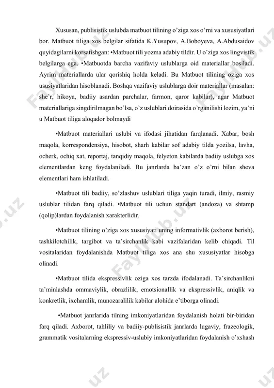sirchanlik kabi vazifalaridan kelib chiqadi. til vositalaridan foydalanishda matbuot tiliga xos ana shu xususiyatlar hisobga olinadi. •matbuot tilida ekspressivlik oziga xos tarzda ifodalanadi. ta’sirchanlikni ta’minlashda ommaviylik, obrazlilik, emotsionallik va ekspressivlik, aniqlik va konkretlik, ixchamlik, munozaralilik kabilar alohida e’tiborga olinadi. •matbuot janrlarida tilning imkoniyatlaridan foydalanish holati bir-biridan farq qiladi. axborot, tahliliy va badiiy-publisistik janrlarda lugaviy, frazeologik, grammatik vositalarning ekspressiv-uslubiy imkoniyatlaridan foydalanish o’xshash va farqli tomonlarga ega. til vositalarining uslubiy xususiyatlaridan foydalanishda turli usullar ishlatiladi. •matbuot tilida adabiy tilning imloviy, lugaviy, grammatik, punktuasion va uslubiy normalariga qat’iy amal qilinadi. adabiy normadan chetga chiqishlar (ma’lum uslubiy maqsad uchun) lavha, ocherk, tanqidiy maqola, felyetonlar tilida uchraydi. badiiy uslubda umumiy normaga rioya qilinsa, matbuot tilida adabiy norma doirasida ish koriladi. •matbuot tili adabiy tilning, xususan uning leksikasining boyishiga hissa qoshadi. ijtimoiy-siyosiy, iqtisodiy, ma’naviy-maishiy turmush bilan bogliq ozgarishlar dastlab matbuotda aks etadi. natijada yangi paydo bolgan yoki boshqa tillardan kirib kelgan sozlar matbuot orqali keng iste’molga …
