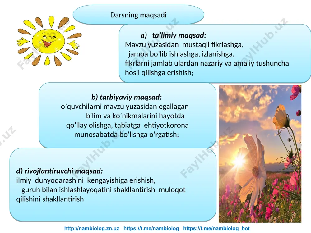 sh degan ma’noni anglatadi. http://nambiolog.zn.uz https://t.me/nambiolog https://t.me/nambiolog_bot ijodiy faoliyatining asosiy qismini yashil o‘simliklardagi fotosintez jarayonini o‘rganishga bag‘ishlagan va fanga o‘zining munosib hissasini qo‘shgan rus olimi a. timiryazevdir. u o‘zining «quyosh, hayot va xlorofill» nomli kitobida fotosintez jarayonini asoslab bergan. a.timiryazev “quyosh, hayot va xlorofill” http://nambiolog.zn.uz https://t.me/nambiolog https://t.me/nambiolog_bot http://nambiolog.zn.uz https://t.me/nambiolog https://t.me/nambiolog_bot karbonat angidrid suv va unda erigan organik moddalar kislorod quyosh nuri suv bug`i http://nambiolog.zn.uz https://t.me/nambiolog https://t.me/nambiolog_bot xlorofill donachalari ishtirokida hosil bo‘lgan organik moddalar suvda eriydi. ular barg eti hujayralaridan tomirlarning elaksimon naylariga o‘tadi va ular orqali hamma organlarga – gul, urug‘, mevalar va ildizga tarqaladi. o‘simlik organlarining hujayralari shu organik moddalardan oziqlanadi. ortiqcha organik moddalar urug‘, meva, ildiz va boshqa organlarning g‘amlovchi to‘qimalarida to‘planadi. http://nambiolog.zn.uz https://t.me/nambiolog https://t.me/nambiolog_bot o‘simliklarga yorug‘lik, harorat, suv, mineral tuzlar va karbonat angidrid gazi qancha yetarli bo‘lsa, organik moddalar shuncha ko‘p hosil bo‘ladi. ularda organik moddalar qancha ko‘p bo‘lsa, hosili shuncha mo‘l bo‘ladi. o‘simliklardagi mazkur qonuniyatga amal …
