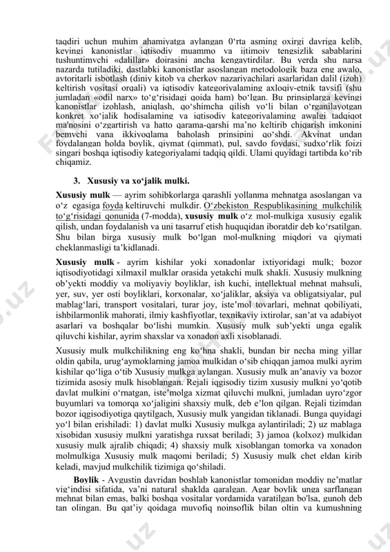 mamlakat hali ham agrar holatda edi. aholining asosiy qismi qishloqlarda yashar, milliy boylikning 2/3 qismi shu sohada yuzaga keltirilar edi. qishloq xo‘jaligi ahvolini yaxshilash tadbirlari fiziokratlar tadqiqotlarining asosini tashkil etadi. ular qishloq xo‘jaligini iqtisodiyotning yagona unumli sohasi, deb hisobladilar. ulaming fikricha boylik faqat qishloq xo‘jaligida yaratiladi, sanoat va savdoda esa u qayta ishlanadi va qayta taqsimlanadi, xolos. shunga ko‘ra fiziokratlar tadqiqotni muomala sohasidan ishlab chiqarish sohasiga olib o‘tdilar va bu bilan kapitalistik tizimning keyingi tahlili uchun asos yaratdilar. 2. uning echimlari va yo‘nalishlari. f.akvinskiyning iqtisodiy g ‘oyalari. g‘arbiy yevropadagi ancha ko‘zga ko‘ringan iqtisodiy fikrlar muallifi, deb odatda, italiya monaxi foma akvinskly (akvinat) (1225-1274) tan olinadi. uiv asming oxiri - v asming boshida iqtisodiy muammolarga diniy-etnik yondashuvning nomuqobil dogmatik prinsiplarini kiritgan, dastlabki kanonizm maktabi asoschilaridan biri hisoblangan avgustin blajenniyga (avliyo avgustin) (353-430) muxoliflik qildi va uning g‘oyalarini ijodiy davom ettirdi. v-xi asrlar davomida bu prinsiplarga amal qilib kelindi. akvinatning iqtisodiy qarashlari …