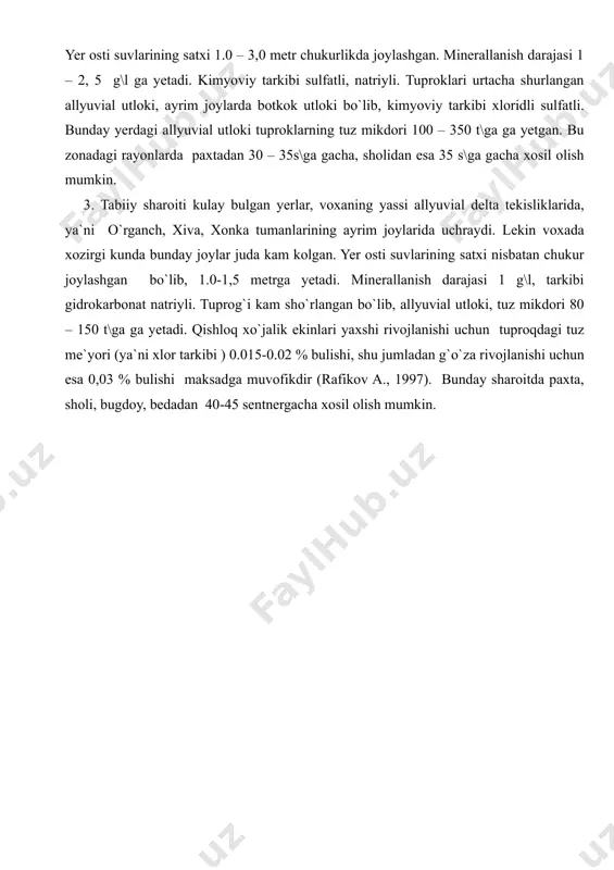 gicha guruhlarga ajratish maksadga muvofikdir: 1. tabiiy sharoiti nokulay bulgan xududlar. bunday yerlar voxaning kuchli shurlangan kismlari bo`lib, orkaunguz korakumlarida, shuningdek, yangibozor, gurlan, xiva, kushkupir tumanlarining ayrim joylarida uchraydi. sho`rxoklardagi tuzlar mikdori 500 – 1200 t\ga ga teng. qishloq xo`jalik ekinlari kam ekiladi, ayrim joylarda agromeliorativ ishlari olib borilishi natijasida yerlardan foydalanish imkoniyati mavjud. bunday yerlarning xar gektaridan 15 – 20 sentnerdan xosil olish mumkin. 2. tabiiy sharoiti o`rtacha qulaylikdagi yerlari vohaning ko`pgina kismlarida - amudaryo xozirgi vodiysining yuqori qayirlarida, qadimiy daryolik va daudan vodiylarida, shovot, o`rganch, xonka, bogot tumanlarining ayrim kismlarida tarkalgan. yer osti suvlarining satxi 1.0 – 3,0 metr chukurlikda joylashgan. minerallanish darajasi 1 – 2, 5 g\l ga yetadi. kimyoviy tarkibi sulfatli, natriyli. tuproklari urtacha shurlangan allyuvial utloki, ayrim joylarda botkok utloki bo`lib, kimyoviy tarkibi xloridli sulfatli. bunday yerdagi allyuvial utloki tuproklarning tuz mikdori 100 – 350 t\ga ga yetgan. bu zonadagi rayonlarda paxtadan 30 – 35s\ga …