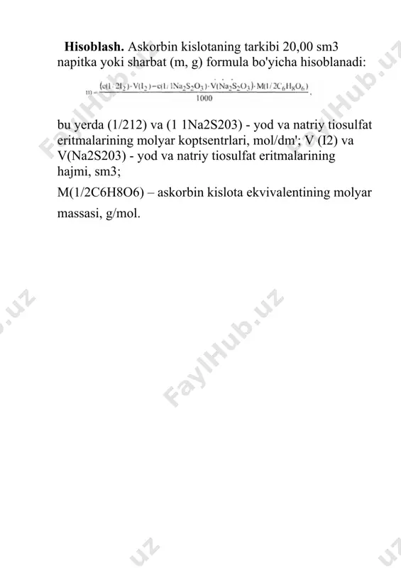 d mikroelektrodda zaryadsizlanadi, elektrod reaktsiyasining qayta ishlash jarayonida kontaktlarning zanglashiga olib keladigan diffuziya oqimi paydo bo'ladi: ekvivalentlik nuqtasida diffuziya oqimi to'xtaydi, chunki natriy tiosulfät befarq va ma'lum bir tensialda elektrodda zaryadsizlanmaydi. ishning maqsadi: namuna tayyorlashni o'zlashtirish va amperometrik titrlash orqali sharob tarkibidagi cu2+ tarkibini aniqlash. asboblar, idishlar va reagentlar amperometrik titrlash uchun o'rnatish. elektr plitalari hajmi 50 sm3 bo’lgan stakan. 10 sm3 hajmli gradusli o'lchash pipetkasi. hajmi 10 sm bo'lgan o'lchash silindrlari - 3 dona. 100 sm3 sig'imli kjeldahl kolbasi. kaliy yodid eritmasi, (1/1ki) = 0,5 mol/dm3 sulfat kislota eritmasi, (1 / 2h2so4) = 2 mol/dm3. natriy tiosulfatning titrlangan eritmasi, (1/1na2s203) = = 0,02000 mol / dm3. konsentrlangan sulfat kislota, p = 1,84 g / sm3. konsentrlangan nitrat kislota, p=1,40 g/sm3. soat oynasi. ishni bajarish tartibi namuna tayyorlash. sharob namunasi yomon. buning uchun 5,00 - 10,00 sm3 sharob kjeldahl kolbasiga pipetka bilan joylashtiriladi, 1 sm3 konsentrlangan h2so4 va hno3 qo'shiladi. …