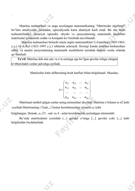 a’nin n oʻlchamli matritsa ntartibli kvadrat matritsa deyiladi. a a11 22, ,...,ann elementlarning tartiblangan tо‘plami kvadrat matritsaning asosiy diagonali deyiladi.agar a a ( ij ) kvadrat matritsada i  j i(  j)munosabat bajarilganda aij  0 boʻlsa, u holda a matritsa yuqori (quyi) uchburchakli matritsa deyiladi. oʻlchamlari aynan teng boʻlgan matritsalar ustidagina algebraik qoʻshish amali bajariladi. oʻlchamlari aynan teng boʻlgan matritsani biror haqiqiy  songa koʻpaytirish uchun bu son matritsaning har bir elementiga koʻpaytiriladi, y’ani misol. quyidagi matritsalarning yigʻindisi va ayirmasini toping: yechish. a va b matritsalarning oʻlchamlari 2 4 ga teng. shu sababli bu matritsalarni qoʻshish va ayirish mumkin. ta’rifga asosan misol. firma 5 turdagi mahsulotni ikkita korxonada ishlab chiqaradi. firmaning ishlab chiqargan mahsulotlari taqsimoti quyidagi jadvalda berilgan: mahsulot turlari 1 2 3 4 5 1-korxonada ishlab chiqarilgan mahsulotlar miqdori 139 160 205 340 430 2-korxonada ishlab chiqarilgan mahsulotlar miqdori 122 130 145 162 152 firma ishlab chiqarish …