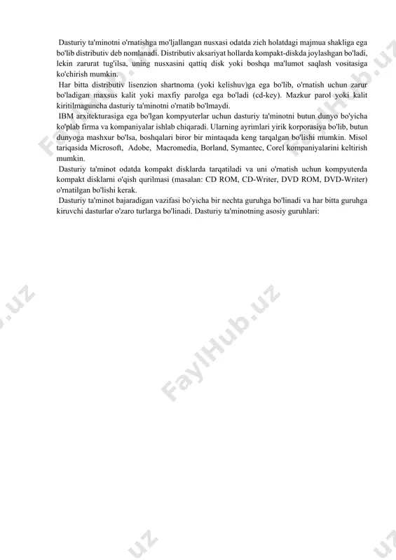 ichiga oladi. ularga quyidagilar kiradi: rejalovchi yoki organayzerlar, ya’ni ish vaqtini rejalashtiruvchi, uchrashuvlar bayonnomalarini, jadvallarini tuzuvchi, telefon va yozuv kitblarini olib boruvchi dasturlar; tarjimon dasturlar, skaner yordamida o’qilgan axborotni tanib oluvchi va matnli ifodaga binoan o’zgartiruvchi dasturiy vositalar; tarmoqdagi uzoq masofada joylashgan abonent bilan foydalanuvchi orasidagi o’zaro muloqotni tashkil etuvchi kommunikatsion dasturlar. kichik nashriyot tizimlari “kompyuterli nashriyot faoliyati” axborot texnologiyasini ta’minlaydi, matnni bichim solish va taxrirlash, avtomatik ravishda betlarga ajratish, xat boshlarini ajratish, rangli grafikani matn orasiga qo’yish va x.k. bajaradi. mulьtimedia dasturiy vositalari dasturiy mahsulotlarning nisbatan yangi sinfi hisoblanadi. u ma’lumotlarni qayta ishlash muhitining o’zgarishi, lazerli disklarning paydo bo’lishi, ma’lumotlarning tarmoq texnologiyasining rivojlanishi natijasida shakllandi. sun’iy intellekt tizimlari. bu sohadagi izlanishlar ijodiy jarayonlarni imitatsiya qiluvchi tizimlar, bilimlarga asoslangan intellektual tizimlar, ehm larning yangi arxitekturasini yaratish, intellektual robotlar yaratish muammolari bilan shug’ullanadi. 4. dasturlash texnologiyasining uskunaviy vositalari bunday uskunaviy vositalar dasturlar yaratish uchun quvvatli va qulay vositalarni tashkil etadi. ularga …
