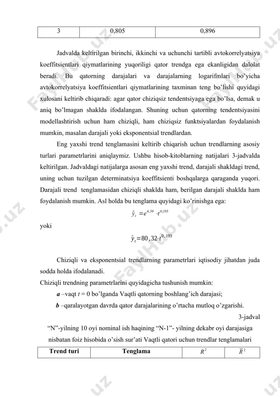 qatorning har bir keyingi darajasi oldingi daraja bilan o’rtacha mutloq zanjirsimon o’sish yig’indisidan iboratligini e’tiborga oladigan bo’lsak quyidagini yozish mumkin: chiziqli trend grafigi 12.1.3-rasmda keltirilgan. shu tariqa vaqtli qatorlar tendentsiyasini modellashtirish mumkin. 2. mavsumiy va tsiklik tebranishlarni modellashtirish vaqtli qatorning additiv va multiplikativ modeli. mavsumiy yoki tsiklik tebranishga ega bo’lgan vaqtli qatorlar strukturasini tahlil qilishga bir qancha yondoshuvlar mavjud. eng sodda yondoshuv – bu mavsumiy komponentalar qiymatini sirg’anchiq o’rtacha usuli bilan hisoblash va vaqtli qatorning additiv yoki multiplikativ modelini tuzishdan iborat. additiv model quyidagi umumiy ko’rinishga ega: . (1) bu modelda vaqtli qatorning har bir darajasi trend (t), mavsumiy (s) va tasodifiy (e) komponentalar yig’indisidan tashkil topadi deb qaraladi. multiplikativ model quyidagi umumiy ko’rinishga ega: . 2) bu model vaqtli qatorning har bir darajasi trend (t), masumiy (s) va tasodifiy (e) komponentalar ko’paytmasidan iborat deb qaraladi. ikkala modeldan birini tanlash masumiy tebranishning strukturasini tahlil qilish asosida amalga oshiriladi. agar tebranish …