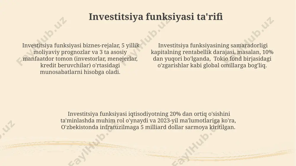 асига 2023 йилда 500 млн. ақш долларидан зиёд хорижий инвестициялар жалб этилиши режалаштирилган бўлиб, бу соҳадаги инфратузилмани ривожлантиришга йўналтирилган. силикон водийсидаги стартапларга 2021 йилда 100 миллиард доллардан ортиқ инвестиция киритилганлиги технология тараққиётига бўлган юқори талабни ва инвестицияларнинг муҳимлигини кўрсатади. ishlab chiqarish quvvatlari va investitsiyalar 2022 йилда тошкент вилоятидаги кичик корхоналарнинг ишлаб чиқариш қувватларига 15% гача инвестициялар йўналтирилган бўлиб, бу ҳудуднинг яим ўсишига 3% ҳисса қўшган. қорақалпоғистон республикасидаги энергетика соҳасига йиллик 100 млн. сўмдан ортиқ инвестициялар йўналтирилмоқда, бу эса 2024 йилгача электр энергияси ишлаб чиқариш қувватини 15 мвт га ошириш имконини беради. сурхондарё вилоятидаги йирик пахта тозалаш заводларига 2023 йилда жами 50 млн. ақш доллари миқдоридаги инвестициялар жалб этилиши режалаштирилган, бу эса ишлаб чиқариш самарадорлигини 20% ошириши кутилмоқда. investitsiya xavfi va rentabelligi aqshning silikon vodiysidagi yuqori texnologiyalar kompaniyalariga investitsiyalar yuqori rentabellik (o'rtacha 25%) va yuqori xavf (taxminan 40% loyihalar muvaffaqiyatsiz bo'ladi) bilan ajralib turadi. evropaning rivojlanayotgan mamlakatlariga qilingan 5 million evrolik …