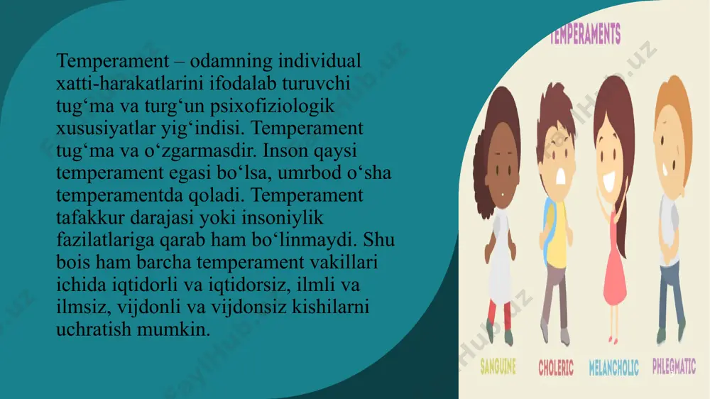 sezgir odamlarda sezuvchanlik kuchayadi, hislar tezda paydo bo'ladi. reaktivlik - bu sodir bo'layotgan voqealarga, ularning o'zboshimchaliklariga bo'lgan munosabatingizni nazorat qilish / nazorat qilmaslik qobiliyati.. faoliyat - energiya darajasi. reaktivlik va faollik o'rtasidagi munosabat insonning hissiy reaktsiyalar ta'sirida harakat qilishga qanchalik moyilligini belgilaydi. 13 13 reaktsiya tezligi - fikrlash, nutq va boshqa aqliy jarayonlarning tezligi. plastisit (insonning tashqi sharoitlarga moslashish qobiliyati) va qattiqlik (moslasha olmaslik, stereotipik xatti-harakatlar). ekstraversiya (odamning tashqi dunyoga aylanishi) va introversiya (o'z fikrlari va his-tuyg'ulariga murojaat qilish). hissiy qo'zg'aluvchanlik inson psixikasining xususiyati bo'lib, unda u tezda "yorilib ketadi" va xuddi shunday tez "o'chib ketadi". temperament turi uchun eysenck testi xans yurgen eysenk britaniyalik psixolog bo'lib, odamlarning shaxsiyati va xatti-harakatlarini o'rgangan. u temperament turini aniqlashga yordam beradigan bir qator anketalar ishlab chiqdi. 14 xulosa har bir inson murakkab va ko'p qirrali shaxsdir. temperamentlarning tavsifi juda umumiy va 100% hammani tavsiflay olmaydi. ehtimol, odamda dominant temperament bor - u tez-tez …