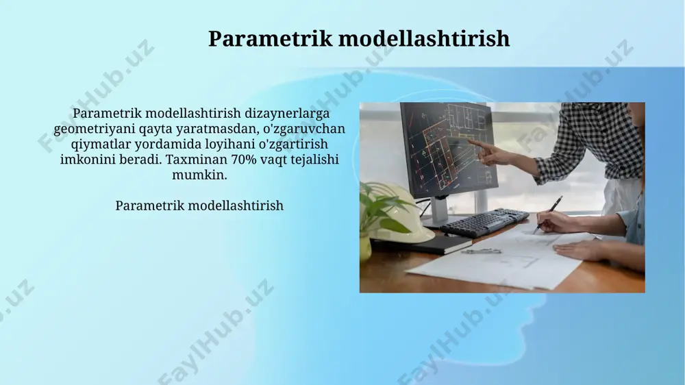 ding information modeling) integratsiyasi hamkorlik uchun juda muhim. ma'lumot autocad dasturining imkoniyatlari autocad dwg fayl formatini qo'llab-quvvatlaydi, bu loyiha ma'lumotlarini almashishning sanoat standartidir. u shuningdek, lisp va autolisp kabi dasturlash interfeyslarini o'z ichiga oladi. autocad dasturining imkoniyatlari kamchiliklari: o'rganishning murakkabligi autocad o'rganish jarayoni ko'plab parametrlar (layerlar, stillar, bloklar) bilan ishlashni talab qiladi, bu esa yangi foydalanuvchilar uchun 1-2 haftalik qiyinchiliklarni keltirib chiqarishi mumkin va malaka oshirishni talab etadi. kamchiliklari: o'rganishning murakkabligi afzalliklari: aniqroqlik va samaradorlik parametrik modellashtirish va avtomatlashtirish vositalari loyihalash vaqtini 40% gacha qisqartiradi, xatolarni kamaytiradi, aniqlik darajasini 99% ga yetkazadi. afzalliklari: aniqroqlik va samaradorlik xulosa va kelajakdagi tendentsiyalar xulosa va kelajakdagi tendentsiyalar autocad mobil ilovalarining rivojlanishi va platformalararo muvofiqligi foydalanuvchilarga loyihalarga masofadan turib, har qanday joydan, masalan, 7/24 soat kirish imkoniyatini beradi. boshqa dasturlarga nisbatan ustunliklari autocad keng qamrovli chizmachilik vositalariga ega, 2d va 3d modellarni yaratish uchun optimallashtirilgan. boshqa dasturlarda ba'zi funksiyalar yetishmasligi mumkin, autocad esa to'liq …