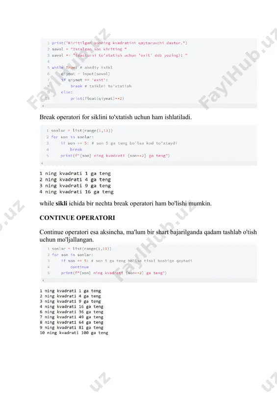 damdan so'ng son=5 bo'lganda while sikli to'xtaydi. pythonda += operatori bor. bu operator o'ng tarafdagi qiymatni chap tarafdagi qiymatga qo'shadi. misol uchun, yuqorida son = son + 1 o'rniga son += 1 deb yozishimiz mumkin. while va input () shu paytgacha yozgan dasturlarimiz faqatgina bir martta bajarilayotgan edi. while sikli yordamida dasturni to'xtatish imkoniyatini foydalanuvchiga berishimiz mumkin.