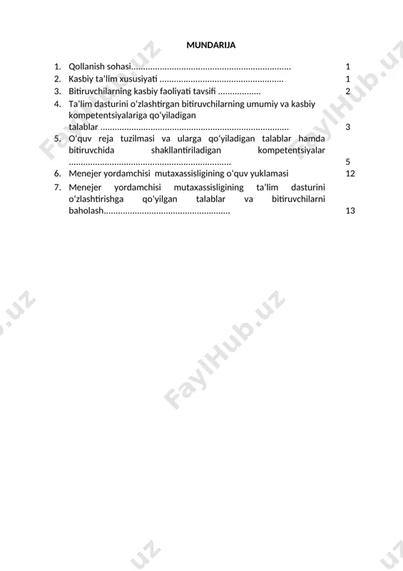 gan tartibda sertifikat beriladi. 2.2. ruhiy-fiziologik fazilatlar minimumi: kuzatuvchanlik, diqqatni bir joy qaratish, fikrni jamlash, qo‘l-oyoq harakatini jarayonga moslashtirish, har tomonlama tez fikrlash va faraz qilish, yorug‘likni sezish, faol va tez xotirlash, harakat xotirasi va moslashuvchanlik. 2.3. ta’limni davom ettirish imkoniyatlari. menejer yordamchisi mutaxassisligi bitiruvchisi keyinchalik kasbiy ta’limini chuqurlashtirish maqsadida: kadrlar malakasini oshirish tizimida, tarmoq o‘quv muassasalarida va maxsus kurslarida malakani oshirishi; kasbiy faoliyatning tegishli sohasida yanada yuqoriroq malakaga erish maqsadida texnikum va oliy ta’lim muassasasida o‘qishni davom ettirishi mumkin. 2.4. o‘qishga qabul shartlari. o‘qishga qabul shartlari amaldagi qonunchilik asosida amalga oshiriladi. 3. bitiruvchilarning kasbiy faoliyati tavsifi 3.1. bitiruvchining kasbiy faoliyat sohasi: menejer yordamchisi korxona va tashkilotlarda ishlab chiqarish jarayonlarini boshqarish, rejalashtirish, mahsulot sifatini oshirish va ishlarni texnika xavfsizligi talablariga javob beradigan holda tashkil qilish. 3.1. bitiruvchining kasbiy faoliyat ob’yektlari: 3.1.1. menejer yordamchisi kvalifikatsiyasi bo‘yicha: - tashkilotning ishlab chiqarish va ishlab chiqarish jarayonlarini olib borishning reglament normativ hujjatlari, reja jadvallari; …