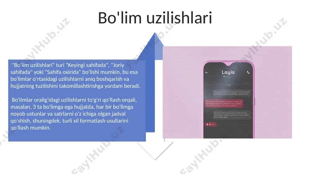 otekis kenglikdagi ustunlar va chiziqlar bilan ajratilgan ustunlar. ularning har biri turli loyihalar uchun mos keladi. sahifa raqamlari sahifa raqamlari joylashuvini 3 ta turli joydan – yuqorida, pastda yoki sahifani markazidan tanlashingiz mumkin, bu esa hujjat dizayniga moslashuvchanlik beradi. "sahifa raqamlari" formatlash vositalari yordamida raqamlarni rim raqamlari (i, ii, iii) yoki arab raqamlari (1, 2, 3) kabi turli formatlarda ko'rsatishingiz mumkin. ko'p sahifalar bilan ishlash ko‘p sahifalik hujjatlarda sahifalarni raqamlashni sozlash mumkin, masalan, 1-dan boshlash yoki istalgan raqamdan boshlash, shuningdek, har xil raqamlash usullarini qo‘llash mumkin. hujjatda 3 dan ortiq bo‘lim yaratish orqali har bir bo‘lim uchun alohida sahifa raqamlari, ustunlar soni va boshqa parametrlarni belgilashingiz mumkin, bu esa hujjatni mantiqiy tarzda tuzishga yordam beradi. e'tiboringiz uchun rahmat @taqdimot_robot image4.jpg image5.jpg image6.jpg image7.jpg image8.jpg image9.jpg image10.jpg image11.jpg image12.jpg image13.jpg image14.jpg image15.jpg image16.jpg image17.jpg image3.png image18.jpg image19.jpg image20.jpg image1.jpeg image2.jpeg