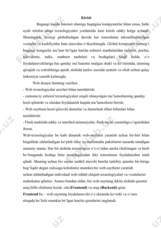 ishi tufayli shu texnologiyalar asosida bir qancha freymvork va kutubxonalar tuzib chiqilgan. ulardan ko‘zlangan asosiy maqsadlardan biri sayt tuzishga ketadigan vaqtni qisqartirishdir. css asosida less, less oldindan ishlov beruvchi (preprotsessor), foydalanuvchi interfeysini tuzishda yordam beruvchi bootstrap, materialize, foundation, bulma va tailwind freymvorklari tuzilgan bo‘lsa, javascript asosida hozirgi kunda trendda bo‘lgan angular, vue freymvorklari, jquery va react kutubxonalari tuzib chiqilgan. malakali frontend dasturchilarga dunyoning ko‘plab davlatlarida talab bor. ularning bilimi va tajribasiga qarab turlicha ish haqi to‘lanadi. bugungi kunda o‘zbekistonda malakali frontend dasturchilar oyiga o‘rtacha 300$ dan 1000$ gacha o‘rtacha daromad topishlari mumkin. quyida frontend dasturlash sohasiga kiruvchi til va texnologiyalar haqida batafsil ma’lumot berib o‘tamiz. asosan o‘raganish kerak bo‘lgan manbalar bo‘lar(frontend uchun) 🔻 front-end quyidagi texnologiyalar o‘rganiladi (mana shu ketma ketlikda): 🔸 html5 🔹 css3 🔸 javascript (es6) 🔹 bootstrap 🔸 jquery yoki js framework vue.js, react.js, angular 🔹sass web-texnologiyalar bu kabi dinamik web-saytlarni yaratish uchun bir-biri bilan birgalikda ishlatiladigan …