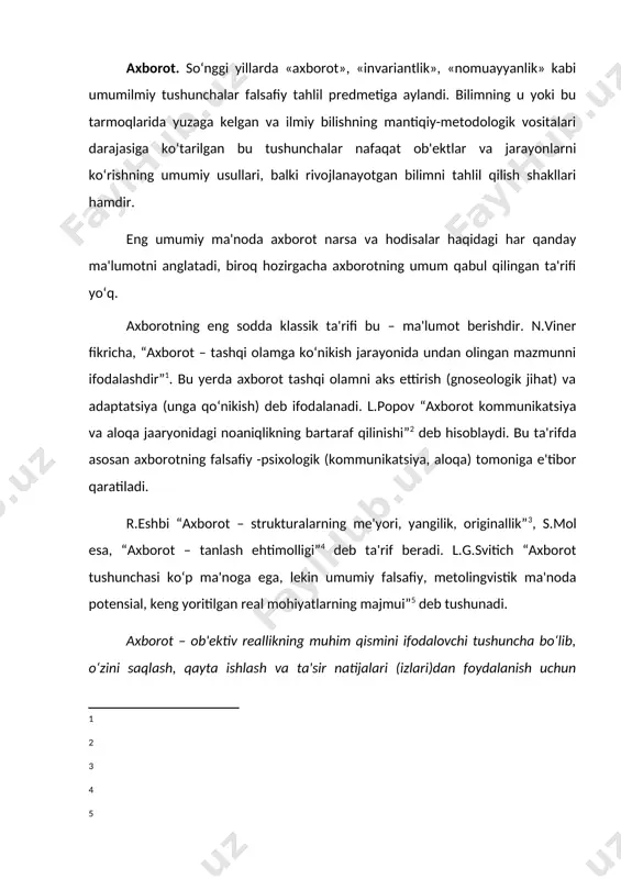 i axborot unda funksional xossa sifatida mavjuddir» . «axborot», «ma'lumot», «bilim» tushunchalari ko‘pincha bir-biriga o‘xshatiladi. bu qisman shu bilan izohlanadiki, bir darajada axborot sifatida amal qiluvchi dalillar boshqa darajada ma'lumotlar sifatida amal qilishi mumkin. masalan, radio yoki televidenie muxbiri intervyu jarayonida muayyan axborot oladi. bu axborot jamoatchilik fikrini o‘rganish markazi uchun ma'lumot bo‘lib xizmat qiladi. mazkur markaz tomonidan e'lon qilingan axborotdan, o‘z navbatida, yuqori idora tahlil uchun ma'lumot sifatida foydalanishi mumkin. ma'lumotlar muayyan xulosa chiqarish yoki qaror qabul qilishga xizmat qiladi. ular saqlanishi, uzatilishi va berilishi mumkin, ammo axborot sifatida amal qilishi mumkin emas. «ma'lumotlar» tushunchasi o‘zaro bog‘liq bo‘lmagan dalillar majmuini aks ettiradi. ma'lumotlarni tahlil qilish, aloqalarini aniqlash, eng muhim dalillarni ajratish va ularni sintez qilish yo‘li bilan axborotga aylantirish mumkin. shu bois axborot ma'lumotlarga qaraganda ko‘proq qimmatga ega bo‘ladi. axborot bu oqilona foydalanish uchun muayyan shaklga solingan ma'lumotlardir. o‘z navbatida, axborot bloklarini tegishli tarzda ishlov berish yo‘li bilan yaxlit …