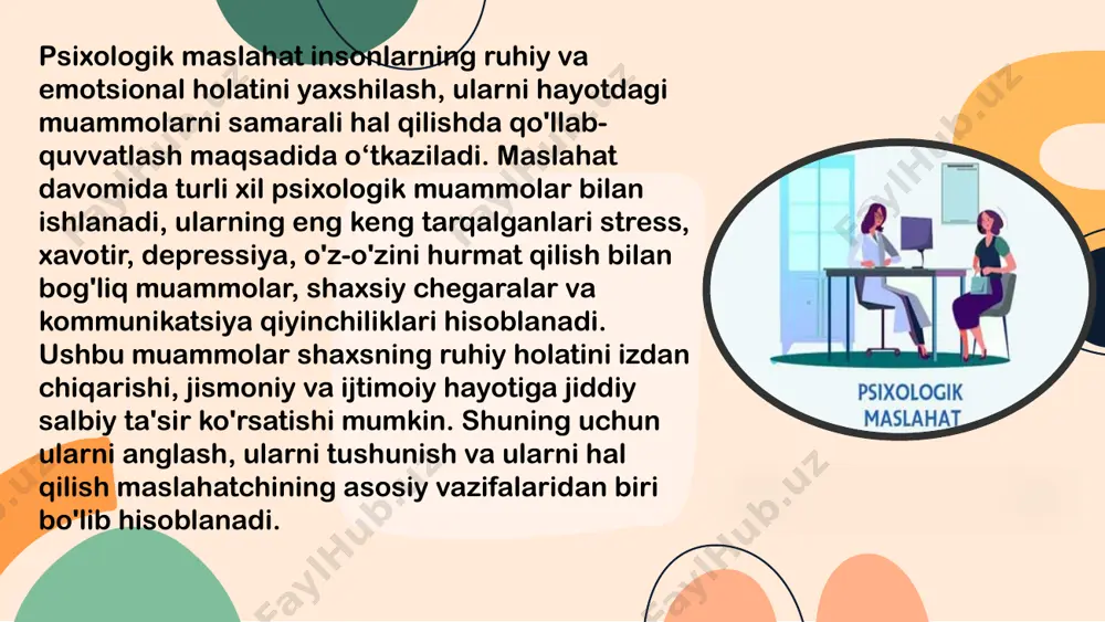 otga tadbiq qilish imkoniyatiga ega bo‘ladilar. psixologik maslahatning boshqa bir keng tarqalgan yo‘nalishi motivatsiya va maqsad qo‘yish bilan bog‘liq. ko‘pgina insonlar hayotda o‘zlariga aniq maqsadlar qo‘yishda yoki qo‘yilgan maqsadlarga erishishda qiyinchiliklarga duch kelishadi. maslahat jarayonida maslahatchilar mijozlarga o‘z ichki va tashqi motivatorlarini aniqlashda, ular bilan ishlashda va samarali rejalashtirishda yordam beradi. bu insonlarga o‘z hayotlarida muhim yutuqlarga erishish va o‘z imkoniyatlaridan maksimal darajada foydalanishga yordam beradi. psixologik maslahatning muhim yo‘nalishlaridan biri bu o‘zini anglash va o‘z-o‘zini qabul qilishdir. odamlar ko‘pincha o‘zlarini tushunmaydilar, o‘z his-tuyg‘ulari va xatti-harakatlarining sabablarini anglashda qiynaladilar. bu jarayonda maslahatchi mijozga o‘z shaxsini chuqurroq tahlil qilishda yordam beradi, o‘zini qabul qilish va o‘zidagi salbiy va ijobiy tomonlarni balansi bilan ko‘rishga o‘rgatadi. o‘zini to‘liq anglash va qabul qilish odamni hayotda erkinroq va baxtliroq qiladi. xulosa qilib aytganda, psixologik maslahat insonlarning kundalik hayotida duch keladigan ko‘plab muammolarni hal qilishda samarali vosita hisoblanadi. stress, depressiya, xavotir, o'z-o'zini hurmat qilish, shaxsiy chegaralar …