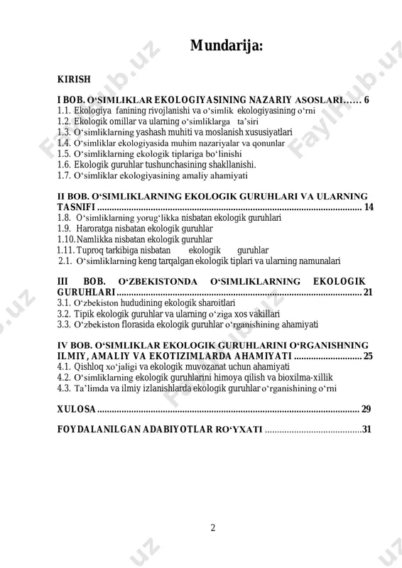 nishining o‘rni xulosa ............................................................................................................ 29 foydalanilgan adabiyotlar ro‘yxati ........................................ 31 3 kirish insoniyat tarixining barcha bosqichlarida tabiat bilan munosabat hal qiluvchi o‘rin tutgan. tabiiy resurslardan foydalanish, ayniqsa, o‘simlik dunyosining inson hayotidagi ahamiyati ming yilliklar davomida e’tibordan chetda qolmagan. bugungi kunda esa ekologik muammolarning chuqurlashuvi, global isish, bioxilma-xillikning kamayishi va ekotizimlarning izdan chiqishi fonida o‘simliklarning ekologik o‘ziga xosliklarini chuqur o‘rganish dolzarb masalaga aylangan. ayniqsa, o‘simliklarning ekologik guruhlarga bo‘linishi va bu guruhlar doirasida olib borilayotgan izlanishlar ekologiya, botanika, geobotanika, agronomiya va boshqa ko‘plab sohalar uchun katta ilmiy va amaliy ahamiyat kasb etadi. o‘simliklar atrof-muhit sharoitlariga nisbatan sezgir va moslashuvchan organizmlar hisoblanadi. ular yashash joyidagi yorug‘lik, harorat, namlik, tuproq tarkibi kabi ekologik omillarga javoban o‘z morfologik va fiziologik xususiyatlarini moslashtirib, maxsus guruhlarga ajraladi. bu guruhlanishlar faqat ilmiy klassifikatsiya uchun emas, balki ekotizimlar barqarorligini saqlash, qishloq xo‘jaligida hosildorlikni oshirish, o‘rmonzorlarni tiklash, cho‘llanishning oldini olish kabi muhim jarayonlarda ham muhim rol o‘ynaydi. o‘zbekiston respublikasi tabiiy …