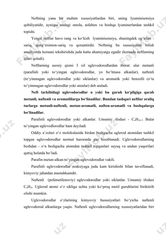 i ham izomerlanish xususiyatiga egadir. katalik va termik jarayonlar ta’sirida olti a’zoli sikllar tizimi besh a’zoliga oson о‘tadilar. masalan: siklogeksan va benzol metil siklopentanga. aromatik uglevodorodlar (arenlar). ularning oddiylarining umumiy ifodasi cnh2n+2 va о‘zining tarkibi benzol aromatik yadrosi deb ataluvchilardan tarkib topgan. bu birikmalar ancha mustahkam. shuningdek ular yuqori kimyoviy faollikga ega, albatta metanli va naftenlilarga nisbatan, shuningdek ular ancha yengil ajralishi mumkin. arenlar yuqori erish qobiliyatiga ega, cheklanmagan miqdorda bir-biriga va boshqa erituvchilarga eriydilar. aytilgan uglevodorod birikmalari neftning asosiy massasini tashkil etadi. holbuki ulardan tashqari smola va asfalten, kislorod va oltingurgurt ham uchraydi. ayrim hollarda smola va asfalten 10- 20% ga yetadi. neftning qoralig‘i uning zichligini va qovushqoqligi kattaligini, shuningdek unda yengil fraksilarning kamligini xarakterlaydi. neftning oksidlanish jarayoni tabiatda ancha keng tarqalgan. neftning oksidlanishi tо‘yingan qatlamning yuzaga chiqqanida kislorod bilan о‘zaro reaksiyaga kirishishi natijasida sodir bо‘ladi. bundan tashqari neft uyumiga erigan kislorod va sulfatdan tashkil topgan infiltratsion suvlarning singishi …