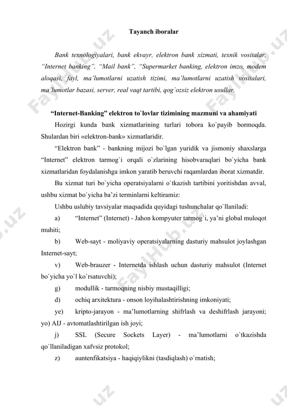 fazasini ta’minlaydigan nodir kod (raqamlar yig`indisi yoki belgilar)ning qayta ishlab chiqilishi; k) ip - axborotlar almashinuvini amalga oshiradigan tarmoqlararo protokol. “elektron bank” veb-sahifa va veb-brauzer orqali mijozlarga turli operatsiyalarni amalga oshirishga imkon beradi. “elektron bank” mijozlarga o`z hisobraqamlarining holatini, shuningdek, uning tarixini (barcha to`lovlar va tushumlar yozuvlari) real vaqt tartibida batafsil o`rganishga va zarurat tug`ilganda, mijozlar bilan ishlovchi, ya’ni naqd pul olishdan tashqari, barcha bank va konsultativ xizmatlarni o`z ichiga oladigan xizmat bo`limiga murojaat qilishga imkon beradi. “elektron bank” tizimining asosiy qoidalari quyidagilardir: а) mijoz-server; b) modullik; v) ochiq arxitektura; g) real vaqt tartibi; d) moslanuvchanlik. bu qoidalarni quyidagi sxemaga mujassamlashtiramiz: “elektron bank” tizimi tarkibiy qismlari jihatidan uchta quyidagi kichik tizimlardan iborat bo`lishi mumkin: · “internetbank” elektron to`lovlari” kichik tizimi; · “phonebank” telefon orqali bank” kichik tizimi; · “mailbank” elektron to`lovlari” kichik tizimi. “elektron bank” dasturiy ta’minoti bankning o`zi, yoki kompyuter dasturiy ta’minotlarini ishlab chiqishga ixtisoslangan kompaniyaning mahsuloti bo`lishi mumkin …