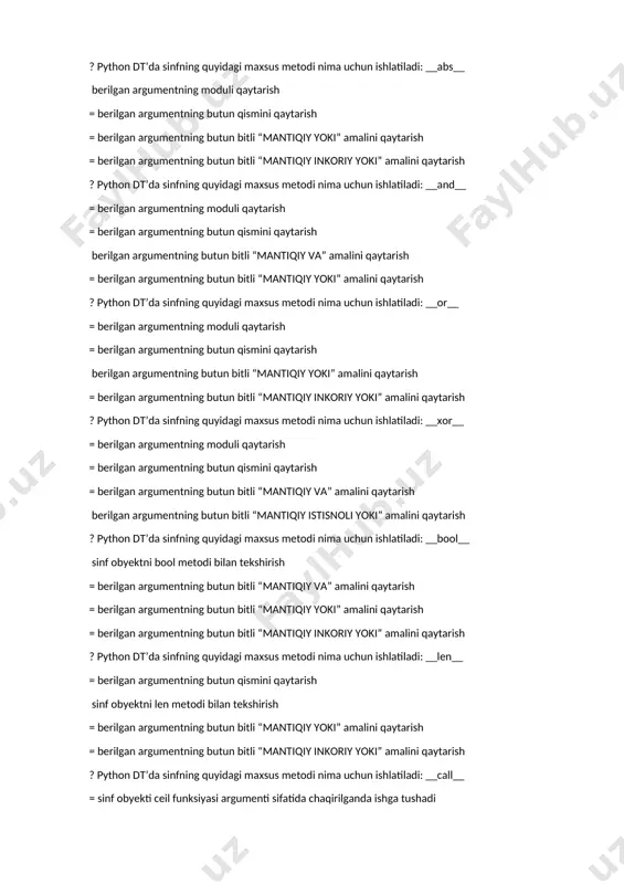 nkrementli pastga taqriblab bo’lish uchun ishlatiladi ? python dt’da sinfning quyidagi maxsus metodi nima uchun ishlatiladi: __abs__ berilgan argumentning moduli qaytarish = berilgan argumentning butun qismini qaytarish = berilgan argumentning butun bitli “mantiqiy yoki” amalini qaytarish = berilgan argumentning butun bitli “mantiqiy inkoriy yoki” amalini qaytarish ? python dt’da sinfning quyidagi maxsus metodi nima uchun ishlatiladi: __and__ = berilgan argumentning moduli qaytarish = berilgan argumentning butun qismini qaytarish berilgan argumentning butun bitli “mantiqiy va” amalini qaytarish = berilgan argumentning butun bitli “mantiqiy yoki” amalini qaytarish ? python dt’da sinfning quyidagi maxsus metodi nima uchun ishlatiladi: __or__ = berilgan argumentning moduli qaytarish = berilgan argumentning butun qismini qaytarish berilgan argumentning butun bitli “mantiqiy yoki” amalini qaytarish = berilgan argumentning butun bitli “mantiqiy inkoriy yoki” amalini qaytarish ? python dt’da sinfning quyidagi maxsus metodi nima uchun ishlatiladi: __xor__ = berilgan argumentning moduli qaytarish = berilgan argumentning butun qismini qaytarish = berilgan argumentning …