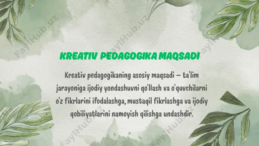 arli qilish. qiyinchiliklar va cheklovlar: o‘qituvchilarning kreativ pedagogika metodlarini qo‘llashdagi qiyinchiliklar. kreativ yondashuvlarni o‘quv tizimiga integratsiya qilishda yuzaga keladigan muammolar. pedagogikaning an’anaviy yondashuvlardan kreativ yondashuvlarga o‘tishi — bu ta’lim tizimidagi asosiy o‘zgarishlardan biri bo‘lib, zamonaviy pedagogikada o‘qitish uslublarining yangilanishi va innovatsion metodlarning joriy etilishi bilan bog‘liq. bu o‘tish, avvalo, ta’lim jarayonining yanada interaktiv, ijodiy va o‘quvchilarning o‘z-o‘zini rivojlantirishi uchun qulay sharoitlarni yaratishga qaratilgan. kreativ pedagogika kreativ pedagogika ta’lim jarayonini o‘quvchilarni faol ishtirokchi sifatida ko‘rsatadi. bu yondashuvda o‘qituvchi yo‘naltiruvchi va motivatsion rolini o‘ynaydi, lekin o‘quvchilar o‘z bilimlarini faqat qabul qilmay, balki mustaqil tarzda izlanib, yaratib, amalga oshiradilar. kreativ pedagogikaning xususiyatlari: o‘quvchi markazlashgan: darsda asosiy e’tibor o‘quvchilarning ijodiy yondashuvlariga, fikr va g‘oyalariga qaratiladi. faoliyat interaktiv: o‘quvchilarni faol ishtirok etishga undash, guruhlar bilan ishlash, loyihalar va kreatsiyalarni yaratish kabi faoliyatlar orqali bilim olish. muammolarni hal qilish: o‘quvchilarga real hayotdagi muammolarni hal qilish imkoniyatini berish va ularni kreativ yondashuvlarga undash. baholash kreativ: o‘quvchilarning ijodiy …