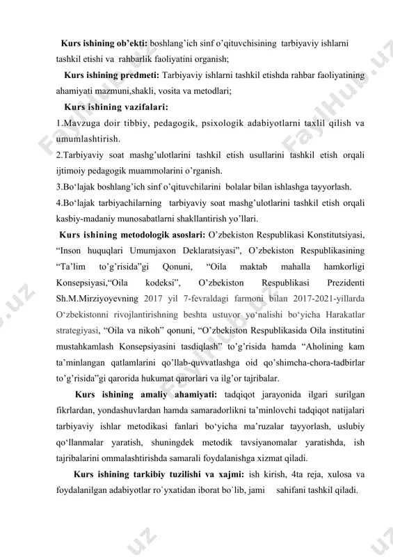 k maktab yoshidagi o’quvchilarning ta’limiy- tarbiyaviy faoliyatlari o’ziga xos xususiyatga ega: o’quvchilarda hayotiy tajribalarning kamligi, o’quv-tarbiya jarayonida hodisalarga qiziqish, «yaxshi», «yomon»ni ajrata bilmaslik yoshlarning faoliyatiga chuqur munosabat bildira olmasligi mumkin. sinf rahbari deganda o‘quvchilarni bir xil saviyada, bir xil yoshda, bilimi jihatidan ham teng bo‘lgan jamoani boshqarib turuvchi pedagog sinf rahbari deb ataladi. sinf rahbarining asosiy maqsadi, o‘quvchilarini to’g‘ri tarbiyalash jarayonida o‘quvchi va sinf rahbari bilan bir-birini tushuna olishi va sinf rahbari tomonidan o‘quvchilarga e’tiborli roq bo‘lishi kerak. tarbiyaviy ishlar jarayonida sinf rahbari butun sinf jamoasini ham o‘rganishi kerak.sinf rahbari o‘ziga berilgan sinfni qabul qilib olish bilan bolalar haqida ko’pgina ta’limotlarni aniqlaydi.bu ta’limotlar bolaning oilasidan o‘qituvchilardan, o‘rtoqlaridan olinadi va tarbiyaga yaqona ta’sir birligi ham shu asosda vujudga keladi. “ayrim idora va ularning rahbarlari xayotdan va xalq ehtiyojlaridan ma’lum darajadauzulib qolgan”. sh.mirziyoyev. 1.mirziyoyev sh.m. tanqidiy taxlil, qat’iy tartib-intizom va shaxsiy javobgarlik -har bir rahbar faoliyatining kundalik qoidasi bo‘lishi kerak 10-bet. maktab …