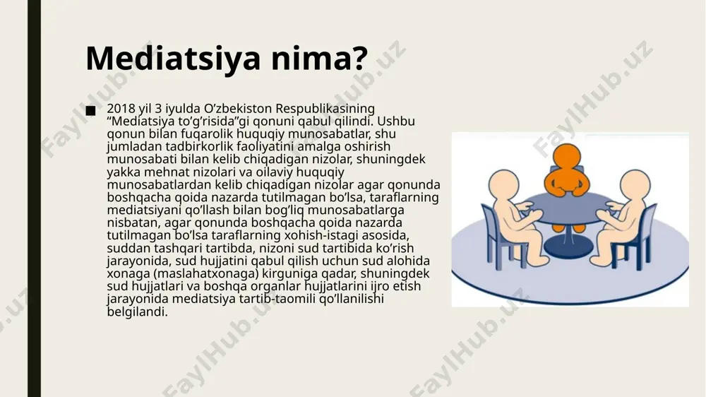 ishuvda belgilanadi. bunda mediator va taraflar mediatsiya tartib-taomili o‘ttiz kundan ortiq bo‘lmagan muddatda tugallanishi uchun barcha mumkin bo‘lgan choralarni ko‘rishi kerak. zarur bo‘lgan taqdirda, mediatsiya tartib-taomilini amalga oshirish muddati taraflarning o‘zaro roziligi bilan o‘ttiz kungacha uzaytirilishi mumkin, bundan ushbu moddaning ikkinchi qismida nazarda tutilgan hollar mustasno. sud hujjatlari va boshqa organlar hujjatlarini ijro etish jarayonida mediatsiya tartib-taomilini amalga oshirish muddati ko‘pi bilan o‘n besh kunni tashkil etadi. xorijiy davlatlara mediatsiya xorijiy davlatlara masalan buyuk britaniyada mediatsiya barcha kategoriyadagi sud ishlarida qullaniladi. probatsiya xizmati jabrlanuvchi va ayblanuvchi urtasida yetkazilgan zararni bartaraf etish lozimligini tushuntirib vositachilikni amalga oshirishi mumkin. аgar mediatsiya jarayonida tomonlar urtasida kelishuvga erishilsa va shartnoma imzolansa, ishni kurayotgan sudьya bu xolatni jazoni yengillashtiruvchi xolat sifatida eʼtiborga oladi. natijada ikkala tomon xam manfaat kuradi. jumladan, jabrlanuvchi aybdorga jazo tayinlash jarayonida bevosita qatnashgan holda, shartnomaning majburiy sharti bulgan kompensatsiya mixdorini uzi belgilaydi. oʼz navbatida aybdor xam uziga nisbatan tayinlanayotgan jazoning yengillashtirishida …