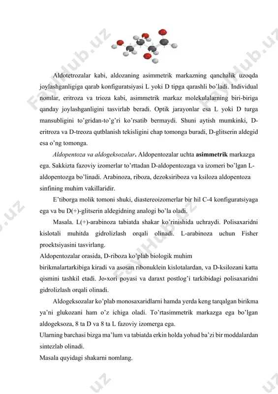 aktoza): dengiz o`tlaridan olinadi namunaviy yechim a) d-ribozadagi c-3da gidroksil guruh 3-dezoksi-d-riboza vodorod bilan almashtirilgan. d-riboza 3-dezoksi-d-riboza (kordiseps) oddiy uglevodlar yoki monosaxaridlar deb, gidrolizga uchramaydigan ugle-vodlarga aytiladi. monosaxaridlarning eng muhim vakillari glyukoza va fruktoza bo’lib, c6h12o6 formulaga egalar. monosaxaridlar kristall moddalar bo’lib, suvdagi eritmasi shirin mazaga ega. 1. monosaxaridlar oson oksidlanadi. ular ishqoriy yoki neytral muhitda sekin oksidlantirilganda faqat aldegid guruh oksidlanib, glyukozadan glyukon kislota hosil bo’ladi: kuchli oksidlovchilar ta'sirida glyukozani oksidlaganda ikki asosli oksikislota (shakar kislota) hosil bo’ladi: 2. monosaxaridlar qaytarilganda ko’p atomli spirt sorbit hosil qiladi. sorbit qandli diabetga chalingan bemorlarga qand o’rnida ishlatilinadi: ch2oh– (choh)4 –cho + h2 ch2oh– (choh)4 –ch2oh monosaxaridlar aldegidlar kabi “kumush ko’zgu” reaksiyasini beradi va feling suyuqligini oson qaytaradi. monosaxaridlar fenilgidrazin bilan reaksiyaga kirishadi. 3. oddiy uglevodlar suyultirilgan xlorid kislota ta'sirida uch molekula suvni ajratib chiqarib furfurol yoki uning hosilalariga aylanadi. masalan, pentozadan furfurol olinadi: 4. monosaxaridlar fermentlar tasirida turli bijg’ishlarga uchrab parchalanadi. …