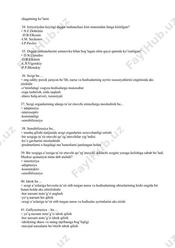 r.luriya -i.pavlov -a.orbeli 49.qaysi qatorda xotira tushunchasiga to’g’ri ta’rif berilgan? + ilgari idrok qilgan predmet va hodisalarni yodda saqlash, keyinchalik ularni esga tushirishdan iborat jarayon -miyada iz hosil bo’lishi -miyadagi muvaqqat bog’lanishlar -kundalik bilimlarni esda olib qolishga 50. turli xil harakatni esda olish, esda saqlash va qayta esga tushirishdan iborat esda olib qolish…deb ataladi + harakat xotirasi -hissiy xotira -obrazli xotira -ixtiyorsiz xotira 51. tabiiy eksperiment metodini birinchi bo’lib rus psixologi … vujudga keltirdi? + lazurskiy - m.davletshin - sechenov - pavlov 52. kuzatish va eksperement metodidagi kamchiliklarni yo’qotish uchun psixologiyada yaratilgan metod + tabiiy eksperiment metodi - biografiya metodi - suhbat metodi - o’z- o’zini kuzatish metodi 53. bu metodning ahamiyatini tamomila inkor qilish odamning yuksak darajadagi bilish qobiliyatiga, ijodiy qobiliyatiga, ongiga ishonmaslik demakdir. bu ta’rif qaysi metod haqida bormoqda? + o’z- o’zini kuzatish - ichki kuzatish - tashqi kuzatish - so’rash va suhbat metodi 54. qaysi qatorda psixik …