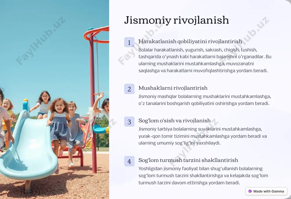 https://gamma.app/?utm_source=made-with-gamma ruhiy rivojlanish o'zini ishonchli his qilish jismoniy mashqlar bolalarning o'ziga ishonchini oshirishga yordam beradi. ular o'z tanalari va qobiliyatlari haqida ijobiy fikrlarni shakllantirishni o'rganadilar. stresni kamaytirish jismoniy faoliyat bolalarni stress va tashvishdan xalos qilishga yordam beradi. bu ularning kayfiyatini yaxshilaydi va ruhiy holatini mustahkamlaydi. ijodiylikni rivojlantirish jismoniy tarbiya bolalarni harakatlar orqali o'zlarini ifoda etishga, ijodiylikni rivojlantirishga va yangi g'oyalarni o'ylab topishga undaydi. qoniqish hissi jismoniy faoliyat bilan shug'ullanish bolalarga qoniqish hissi bag'ishlaydi va ularning umumiy farovonligini yaxshilaydi. https://gamma.app/?utm_source=made-with-gamma davlat talablari va dasturlarda jismoniy tarbiya davlat talablari davlat dasturlari maktabgacha ta'lim muassasalari bolalarga yoshga mos jismoniy tarbiya mashg'ulotlarini tashkil qilishlari shart. maktabgacha ta'lim davlat dasturida jismoniy tarbiya fanining maqsad va vazifalari, o'quv rejasi, mashg'ulotlarni o'tkazish usullari, o'yinlar va mashqlarni tanlash bo'yicha tavsiyalar keltirilgan. jismoniy tarbiya mashg'ulotlari bolalarning yosh xususiyatlarini, jismoniy rivojlanishini, salomatligini hisobga olgan holda tashkil etilishi kerak. davlat dasturida bolalarning jismoniy rivojlanishini kuzatish, o'zgaruvchanlikni aniqlash va mashg'ulotlarni individualizatsiya qilish …