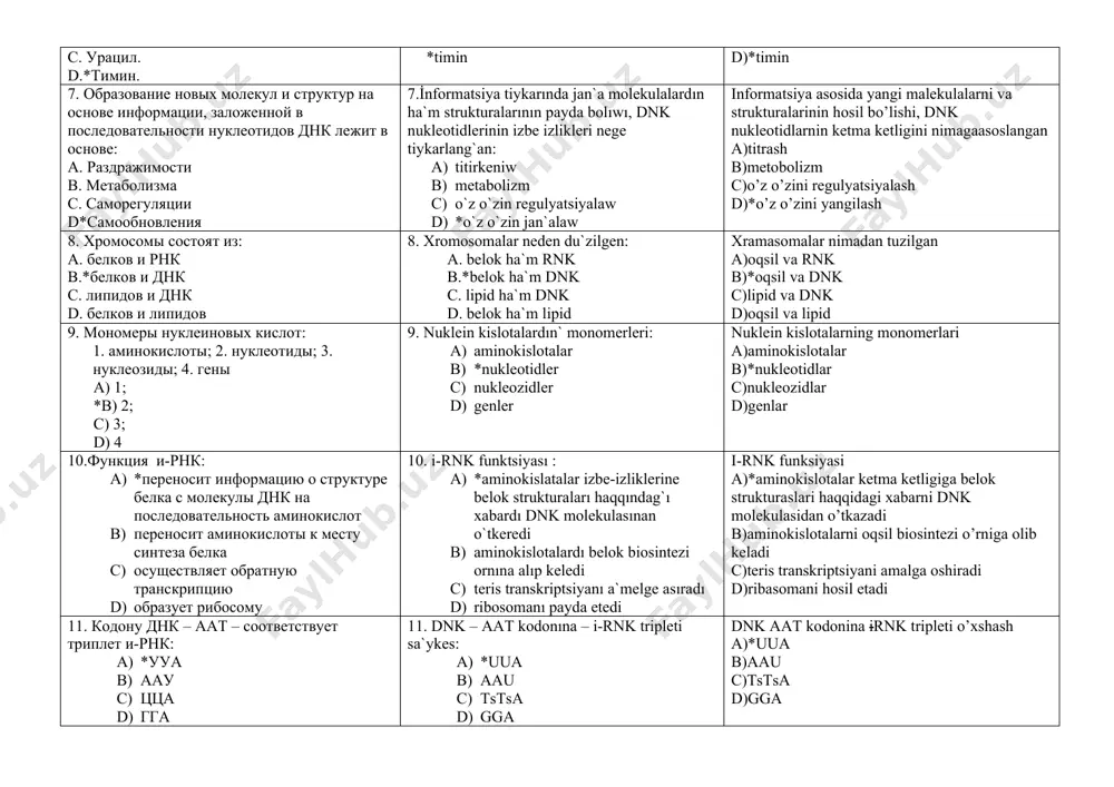 80 b. 40 c. 80 d.*120 agar oqsil 40 aminokislotadan tashkil topsa i-rnk da qancha nukleotidlar bor a)180 b)40 c)80 d)*120 6.какое азотистое основание не содержит и-рнк? a. аденин. b. гуанин. c. урацил. d.*тимин. 6.i-rnk quramında bolmaytug`ın azotlı tiykar: a) adenin b) guanin c) uratsil *timin i-rnk tarkibida bo’lmaydigan azotli asos a)adenin b)guanin c)uratsil d)*timin 7. образование новых молекул и структур на основе информации, заложенной в последовательности нуклеотидов днк лежит в основе: a. раздражимости b. метаболизма c. саморегуляции d*самообновления 7.i̇nformatsiya tiykarında jan`a molekulalardın ha`m strukturalarının payda bolıwı, dnk nukleotidlerinin izbe izlikleri nege tiykarlang`an: a) titirkeniw b) metabolizm c) o`z o`zin regulyatsiyalaw d) *o`z o`zin jan`alaw informatsiya asosida yangi malekulalarni va strukturalarinin hosil bo’lishi, dnk nukleotidlarnin ketma ketligini nimagaasoslangan a)titrash b)metobolizm c)o’z o’zini regulyatsiyalash d)*o’z o’zini yangilash 8. хромосомы состоят из: a. белков и рнк b.*белков и днк c. липидов и днк d. белков и липидов 8. xromosomalar neden du`zilgen: a. …