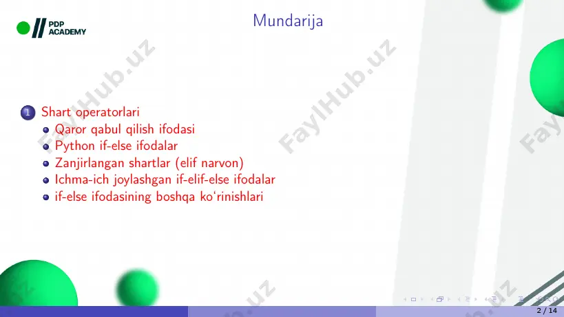 ilamizki, 1 ning mantiqiy qiymati true. shunday qilib, shart to’g’ri va u "yay" ni chop etadi. 1 if (1==1): 2 print("1") natija: 1 shartni qavs ichida ham yozishingiz mumkin. bu sintaksis xatosiga olib kelmaydi. 6 / 14 python if-else ifodalar vaziyat noto’g’ri bo’lsa nima bo’ladi? biz buni else iborasidan keyin blokda qayd etishimiz mumkin. else iborasi blokdan keyin darhol "if" dan keyin keladi. 1 if 2 4: print("greater") natija: greater mana, biz uni bir qatorda yozdik, lekin u muammosiz ishlaydi. 1 a=7 2 if a>4: print("hi"); print("works") natija: hi works 11 / 14 ikkita butun sonni solishtirish uchun kod yozamiz. 1 a,b=2,3 2 if a>b: 3 print("a") 4 else: 5 print("b") natija: b shunday qilib, keling, uchlik operatorlar bilan ham xuddi shunday qilishga harakat qilaylik 1 a,b=2,3 2 print("a" if a>b else "b") natija: b 12 / 14 savollar 13 / 14 e’tiboringiz uchun rahmat thanks for attention 14 / …