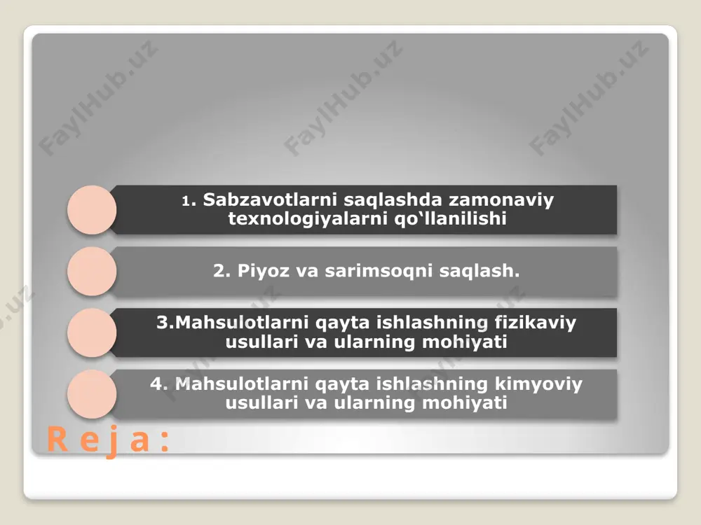 ulotlarni qayta ishlashning kimyoviy usullari va ularning mohiyati keyingi paytlarda mahsulotlarni konservalash uchun quyidagi kimyoviy moddalarni qo‘llashga ruhsat etilgan: etil spirti, sirka kislotasi, oltingugurt gazi, nitrit va nitratlar, benzoy kislotasi, bor va bura kislotalari, antibiotiklar, karbonat angidrid, azon gazi va boshqalar. etil spirti yordamida konservalash. bu usul etil spirtining mikroblar va bakteriyalar rivojlanishiga yomon ta'sir qilishiga asoslangan. shuning uchun ham etil spirti meva va sabzavotlar sharbatlarini ishlab chiqarishda konservalash moddasi sifatida qo‘shiladi. masalan, etil spirtining konsentrasiyasi 25–30 foiz bo‘lgan sharbatlar uzoq saqlanish xususiyatiga ega va ular likyor – aroq mahsulotlari ishlab chiqarishda ishlatiladi. image2.png image3.png image4.jpeg image5.jpeg image6.jpeg /docprops/thumbnail.jpeg