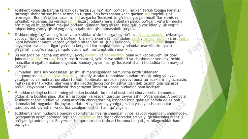 ashgan. ular ish asboblari va jezdan qurollar tayyorlashni o‘rganganlar. arxeologlar toshkent shahri hududi va uning atrofida chorvadorning ko‘pdan ko‘p qabrlari hamda qo‘rg‘onli dahmalarini topganlar. bu joylarda dafn etilganlarning yoniga jezdan yasalgan ish asboblari, qurollar, zeb-ziynatlar va qo‘lda yasalgan idishlar ham qo‘yilgan. toshkent shahri hududida bunday qabristonlar hozirgi shampan vinosi zavodi yaqinidan, shuningdek, qoraqamish arig‘i bo‘yidan topilgan. sirg‘alida esa dasht chorvadorlari va yilqichilarining manzili bo‘lganligi aniqlangan. bu yerdan ish qurollaridan tashqari burama halqali jez bilaguzuklar ham topilgan shahar hokimligi oʻzbekiston mustaqillikka erishgach, toshkentda oʻzbekistonning boshqa viloyat va shaharlarida boʻlgani kabi boshqaruvning tarixiy-milliy shakli — hokimlikoʻrnatildi. 1991-yil 18-noyabrda oʻzbekiston respublikasi oliy kengashining „oʻzbekiston respublikasi poytaxti — toshkent shahri maqomi va davlat hokimiyati organlari toʻgʻrisida“gi qaroriga muvofiq toshkentda hokim lavozimi joriy etildi. toshkent shahar hokimi prezident tomonidan tayinlanadi va lavozimidan ozod qilinadi hamda xalq deputatlari shahar kengashi tomonidan tasdiqlanadi. shahardagi tumanlarning hokimlari shahar hokimi tomonidan tayinlanadi va lavozimidan ozod qilinadi hamda xalq deputatlari …