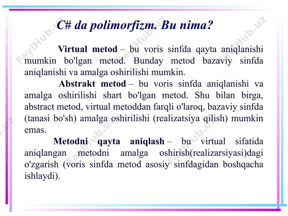 } 11 virtual metodlar va xususiyat(xossa)lar yuqorida keltirilgan ob'ektlarni qaraylik: static void main(string[] args) { person p1 = new person("bill"); p1.display(); //person sinfidan display metodini chaqirish employee p2 = new employee("tom", "microsoft"); p2.display();//employee sinfidan display metodini chaqirish console.readkey(); } natija: bill tom microsoft da ishlaydi 12 virtual metodlar va xususiyat(xossa)lar bazaviy sinfning virtual metodlari butun ierarxiyaning interfeysini belgilaydi, ya'ni bazaviy sinfdan to'g'ridan-to'g'ri voris bo'lmagan har qanday sinfda virtual metodlarni qayta aniqlash mumkin. masalan, employee sinfidan voris qilib olingan manager sinfida display metodini qayta aniqlash mumkin. virtual metodlarni qayta aniqlashda, bir qator cheklovlarni hisobga olish zarur: virtual va qayta aniqlangan metodlar bir xil kirish modifikatoriga ega bo'lishi kerak. ya'ni, agar virtual metod public modifikatori bilan aniqlangan bo'lsa, qayta aniqlangan metod ham public modifikatoriga ega bo'lishi kerak. statik metodni qayta aniqlash yoki virtual deb e'lon qilib bo’lmaydi. 13 xususiyat(xossa)larni qayta aniqlash metodlar kabi, xususiyat(xossa)larni ham qayta aniqlash mumkin: class credit { public …