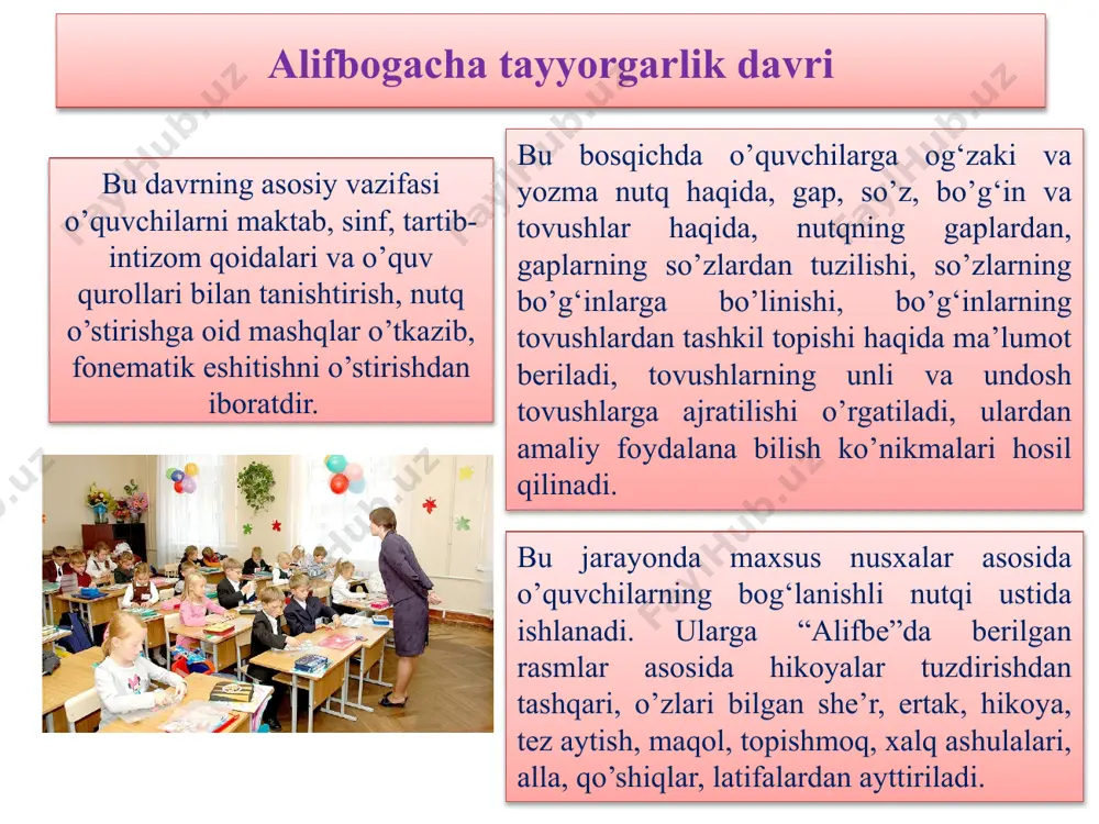 tadilar. shu harfni kesma harflar ichidan topib, kitob sahifasidan, rasmli alifbodan ko’rsatadilar. shu tariqa tovush-harf bilan tanishtirilgach, o’qishga o’rgatish ustida ishlanadi. har bir predmetda bo’lgani kabi o’qish darslarida ham ta’lim-tarbiya birligiga e’tibor beriladi. o’qish darslarida tarbiya o’qilgan matnning ongli o’zlashtirilishiga bog‘liq. birinchidan, o’quvchi matnda fikr nima haqida borayotganini anglasagina, o’zida shunday xislatlarni shakllantirishga harakat qiladi. ikkinchidan, yaxshi inson bo’lish uchun o’qishning zarurligini anglaydi. yangi material o’rganiladigan o’qish darsida asosiy ish turlari quyidagilardir: 2. kichik va bosh harflar bilan tanishtiriladi. bo’g‘inlar o’qitiladi. 3. so’zlarni avval xattaxtadan, keyin “alifbe”dan o’qish. harf bo’g‘inlaridan harf terish kartonida so’z, so’z birikmasi, gap tuzish va ularni o’qish, so’z ma’nosi ustida ishlash. 1. o’rganiladigan yangi tovushli so’zni (shu tovush so’z boshida, o’rtasida, oxirida kelgan so’zni) bo’g‘in-tovush tomonidan tahlil qilish bilan ajratish. bunda yangi tovush ajratiladigan so’zni o’quvchilar rasm asosida o’zlari tuzgan gaplar ichidan oladilar. tovushni ajratishda shu so’zning chizmasi-modeliga asoslanadilar. tovushlarni eshitish, talaffuz qilish, ularning artikulyastiyasi (nutq …