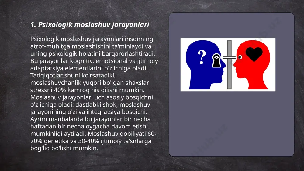 tiradi. o'z vaqtini to'g'ri rejalashtirish va psixologik maslahatlarga qatnashish boshqaruv jarayonlarini qat'iylashtiradi. ... t.me/slaydai_bot qaror qabul qilish jarayonida psixologik omillar muhim rol o‘ynaydi. tadqiqotlar shuni ko‘rsatadiki, insonlar ko‘pincha intuitsiya va hissiyotlar asosida qaror qabul qilishadi. ko‘proq ma’lumotga ega bo‘lganlar ham ko‘pincha qabul qilingan stereotiplar va kognitiv cheklovlardan aziyat chekishadi. kahneman va tverskining 1980-yillardagi izlanishlari asosan ikki tizimli fikrlash konsepsiyasiga asoslanib, birinchi tizim intuitiv, ikkinchisi esa analitik ekanligini ta’kidlashadi. shuningdek, sub'ektiv xotira va o‘tmishdagi tajribalar qaror qabul qilishga katta ta’sir ko‘rsatadi. masalan, oxirgi tajribaga asoslangan "dastlabki ta’sir" fobiyasi keng tarqalgan. shu sababli, qaror qabul qilishda ongli ravishda e’tibor berish lozim. psxaloʻgik. adaptatsiya va oʻyla integrasiyasi ibragimov azizjon. toshtemirov. jasurbek. 2kurs. satsaloʻgya fandan mustaqil iwi e'tiboringiz uchun raxmat! image1.png image2.png image3.png image4.jpg image5.png image6.jpg /docprops/thumbnail.jpeg