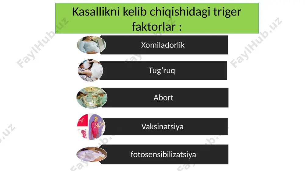 ия артралгия,периартикуляр тукималарда фиброз индуратив узгаришлар, контрактура, кальциноз базал пневмосклероз катта учокли нокоронороген кардиосклероз кизилгач зарарланиши окибатида дисфагия,дуоденит, ичак атонияси хакикий склеродермик буйрак сбе ривожланиши бн характерли эмас дерматомиозит аёл усма касалликлари окибатида мушакларда сустлик «кузойнак» шаклидаги параорбитал шиш артоалгия,миалгия,миозит гиповентиляция ва аспирация окибатида пневмония миокардиодистрофия халкум мушакларининг зар-ши окибатида дисфагия skv da davo rejasi : rejim dieta gormonal terapiya nogormonal immunodepressant terapiya immunoterapiya aminoxinolin birikmalar bilan davolash nosteroid yallig’lanishga qarshi preparatlar antikoagulant va antiagrigant terapiya efferent terapiya dispanserizatsiya skv da davo rejasi : rejim dieta gormonal terapiya nogormonal immunodepressant terapiya immunoterapiya aminoxinolin birikmalar bilan davolash nosteroid yallig’lanishga qarshi preparatlar antikoagulant va antiagrigant terapiya efferent terapiya dispanserizatsiya skv da rejim va dieta : kasallikning o’tkir, o’tkir osti davrida og’ir va yuqori aktivlikda kechishida statsionar sharoitda yotoq rejimi tavsiya etiladi kasallikning surunkali kechishi va minimal aktivlikda kechishida ambulator sharoitda davolanadi vitami c va b guruhga kiruvchi vitaminlarga boy maxsulotlar tavsiya etiladi …