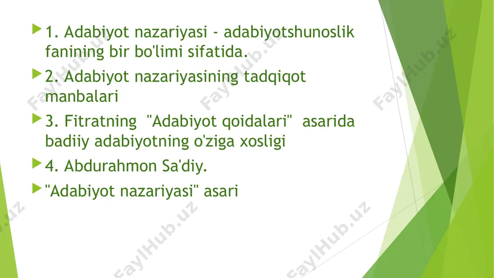 alligidir. har qanday gʻoya badiiy asarning mazmunini tashkil eta olmaydi, u faqat badiiy xususiyatga ega-ligi, inson, jamiyat uchun ahamiyatliligi bilan barchani qiziqtira olgan gʻoyalargina badiiy asar mazmunini tashkil etadi. badiiy shakl ham mazmunga nisbatan farqsiz hodisa emas. chunki har qanday gʻoya hayotning oʻzida aniq hayotiy hodisa shaklida namoyon boʻladi, bu hodisaning shaklini mazmundan ajratib boʻlmaydi. binobarin, har qanday badiiy gʻoya oʻziga mutanosib badiiy shakldagina oʻz mohiyatini toʻla namoyon etadi. alisher navoiy "hamsa"da oʻz zamonida shoirlik da’vo qilib yurgan koʻplab kishilarning shakl bobidagi noʻnokligini qoralaydi. chunki, faqat shakli mazmuniga toʻla mos boʻlgan asargina haqiqiy badiiy asar boʻla oladi oʻzbek adabiyotshunosligida adabiyot nazariyasiga oid haqiqiy yaxlit ilmiy asar 20-asr ning 20-yillarida fitrat tomonidan yaratildi. uning "adabiyot qoidalari" kito-bida badiiy adabiyotning oʻziga xosligi, ijtimoiy tabiati, adabiy tur va janrlar, syujet, kompozitsiya, badiiy nutq va mahorat masalalari haqida ilk bor yax-lit ma’lumotlar berilgan. abdurahmon sa’diyning "adabiyot nazariyasi" asari adabiyot nazariyasi ga oid ilk asarlardan …