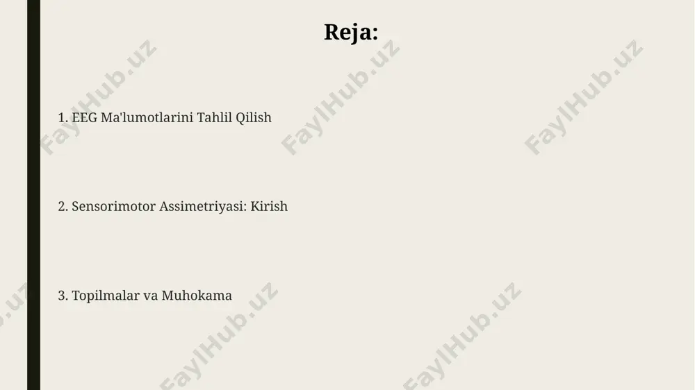 larining amplitudasini o'lchash orqali chap va o'ng yarim sharlar faolligining farqini aniqlash mumkin, odatda 10 mikrotesla dan yuqori farq sezilarli assimetriyani ko'rsatadi. qalb ritmi variabilitasi (hrv) tahlili yordamida yurak ritmining o'zgarishi orqali sensorimotor assimetriyasini baholash mumkin, bu erda 0,05 dan kam p qiymati statistik jihatdan ahamiyatli farqni ko'rsatadi. eeg ma'lumotlarini qayta ishlashda ko'rsatkichlar nisbatini (masalan, chap va o'ng yarim sharlarning alfa diapazoni faolligining nisbati 0,8 dan kam bo'lsa assimetriya mavjudligi haqida xulosa chiqarish mumkin) hisoblash orqali assimetriya darajasi aniqlanadi. adabiyotlar sensorimotor assimetriyaning turli kasalliklar (masalan, epilepsiya, autizm) bilan bog'liqligi haqida 15 dan ortiq klinik kuzatishlar va statistik tahlillarni o'z ichiga olgan adabiyotlar mavjud. eeg tadqiqotlarida sensorimotor assimetriyani aniqlashda 10-20 tizimidan foydalanishning ahamiyati va ushbu tizim yordamida olingan ma'lumotlarni tahlil qilish usullari haqida adabiyotlar mavjud. miya yarim sharlarining elektr faolligining chastota xarakteristikalarini (alfa, beta, teta, delta) tahlil qilish orqali sensorimotor assimetriyani aniqlash bo'yicha 50 dan ortiq ilmiy maqola va monografiyalar mavjud. …